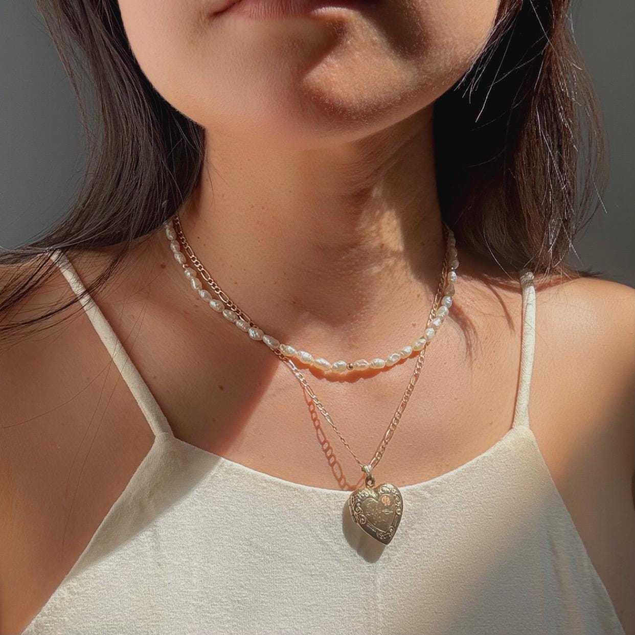 10k solid gold heart locket engraved with I Love You message paired with Figaro chain necklace precious real gold vintage jewelry