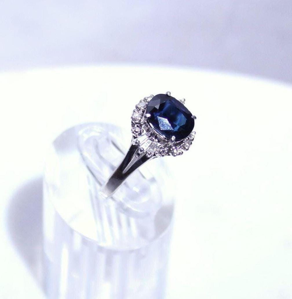 Authentic natural deep blue sapphire and natural diamond ring with platinum band - Midnight Sparkle Ring precious vintage jewelry