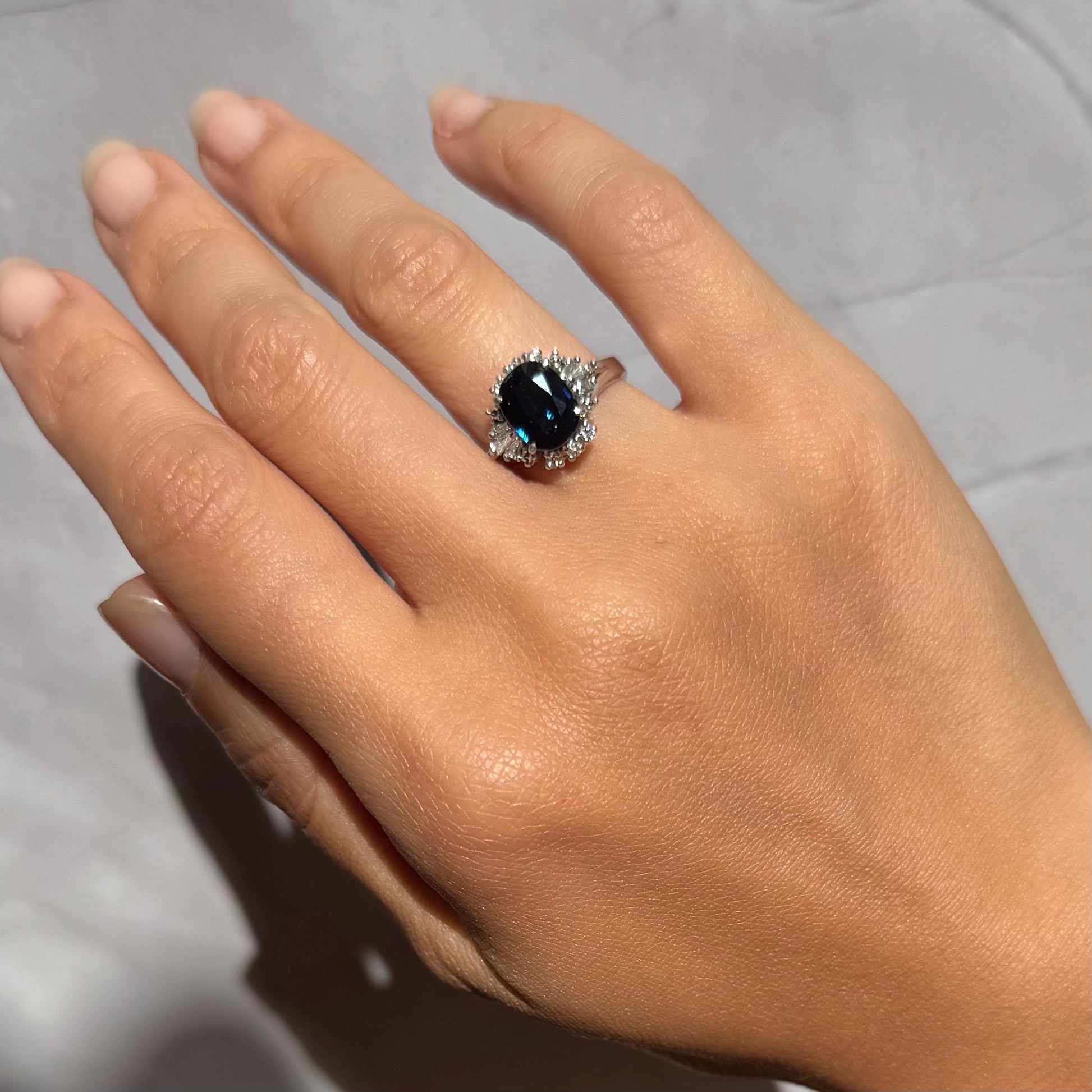 Authentic natural deep blue sapphire and natural diamond ring with platinum band - Midnight Sparkle Ring precious vintage jewelry