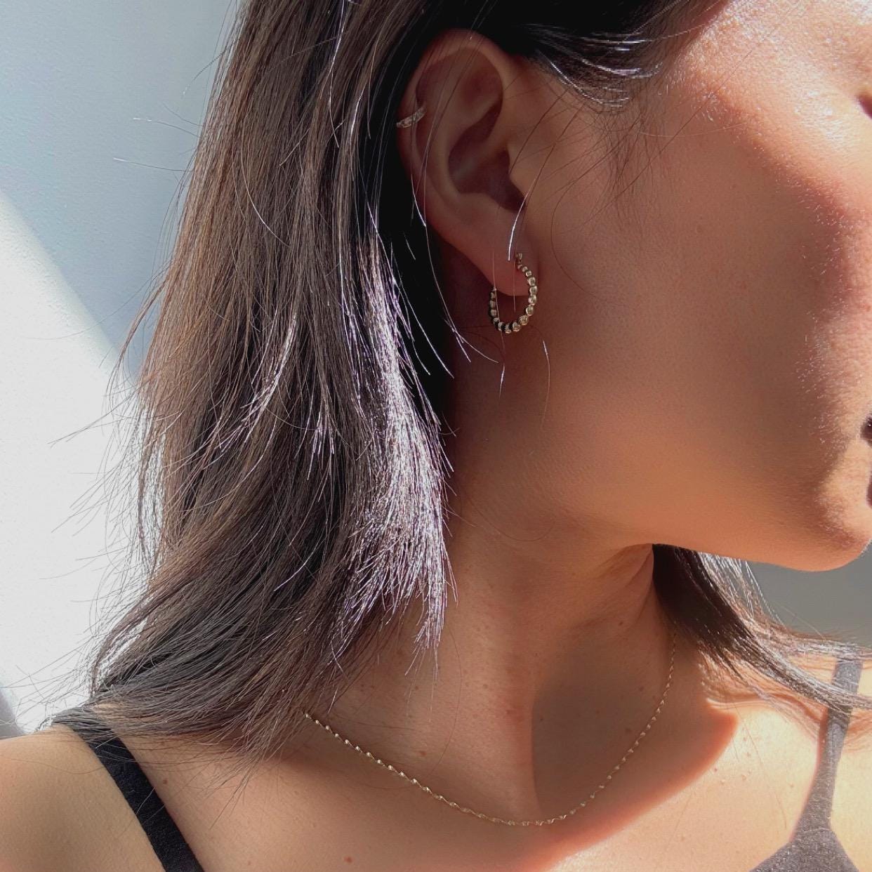 14k Solid Gold Beaded Ellis Huggie Hoop Earrings: Modern Fine Jewelry