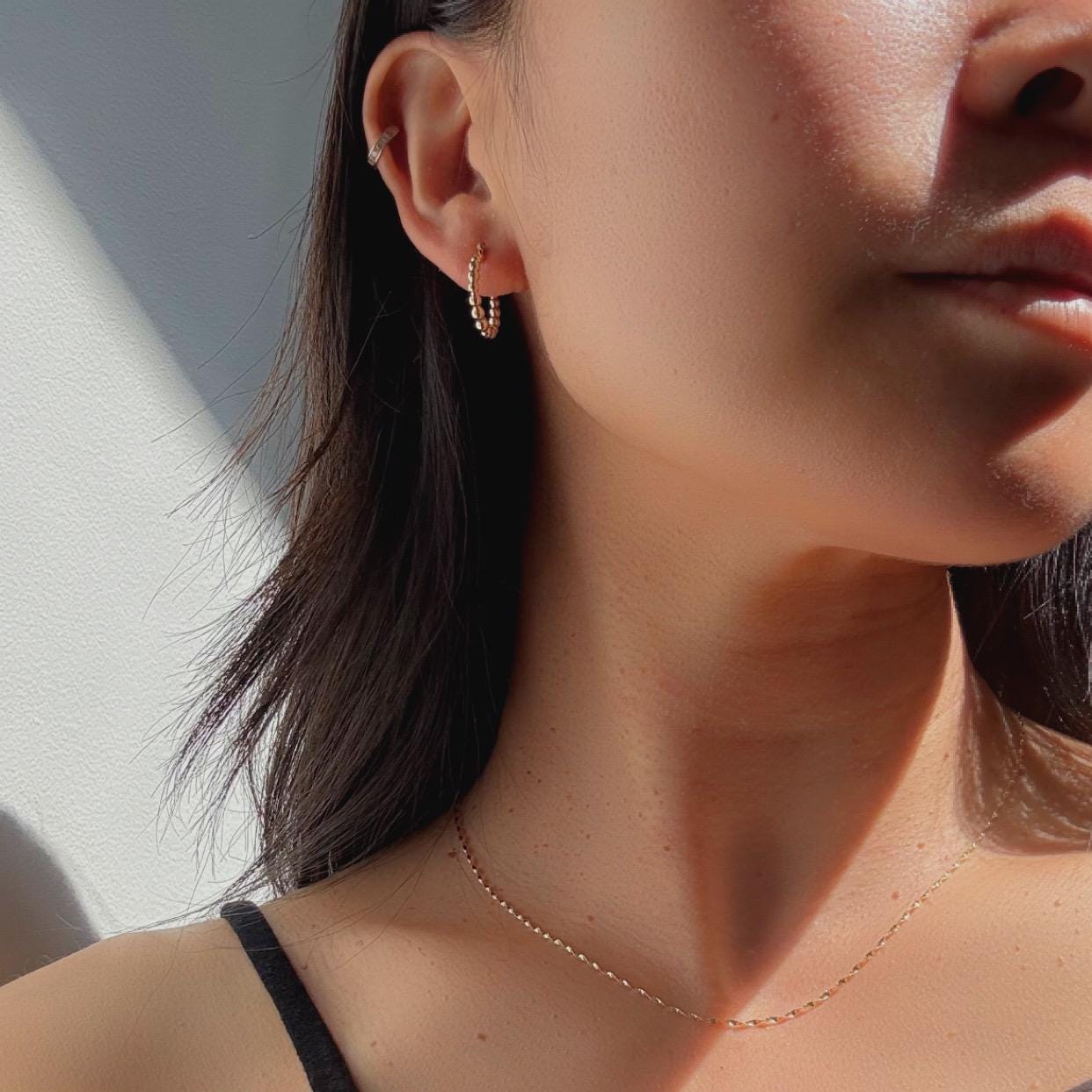 14k Solid Gold Beaded Ellis Huggie Hoop Earrings: Modern Fine Jewelry