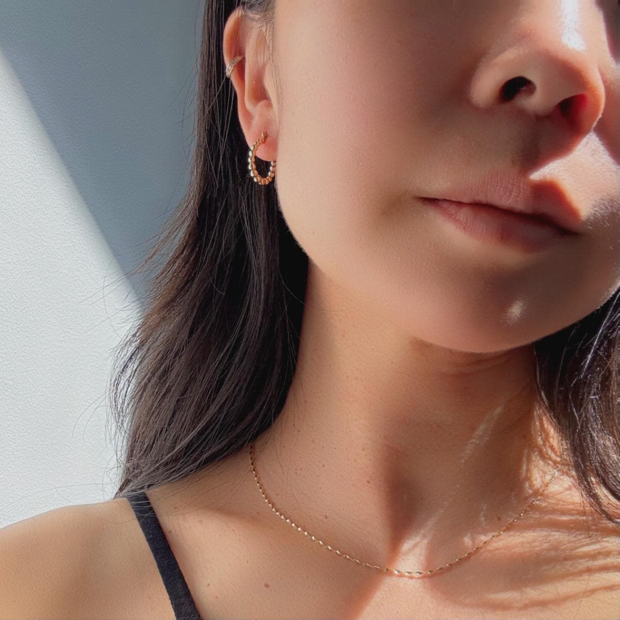 14k Solid Gold Beaded Ellis Huggie Hoop Earrings: Modern Fine Jewelry