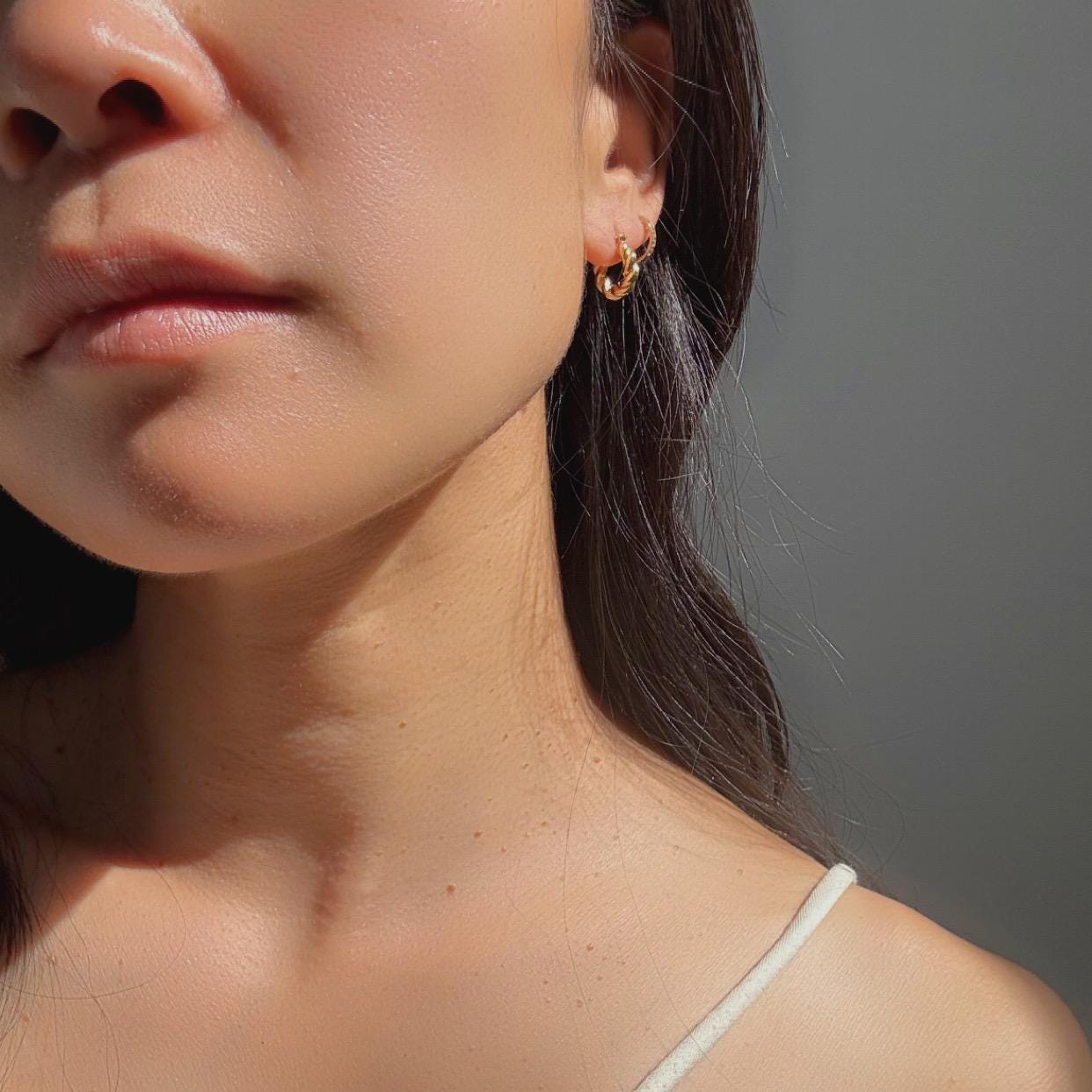 New 18k Solid Gold Twisted Mini Ari Hoop Earrings – Petite Elegance with a Twist– Real Gold Bold Mini Hoops