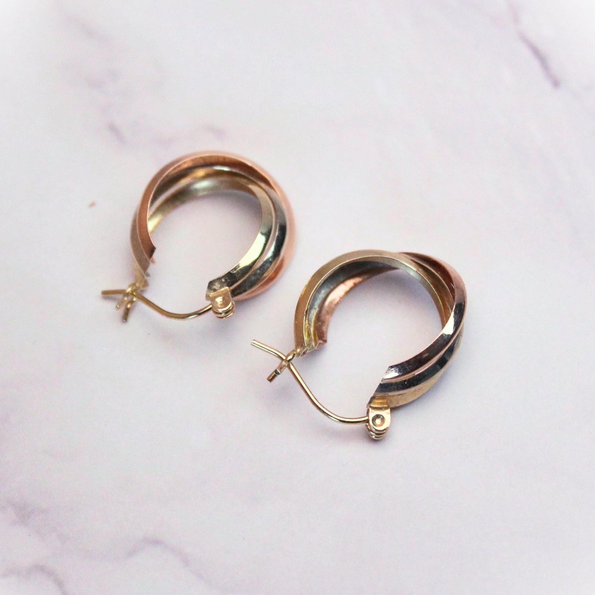 14k Solid Gold Tricolor Hoop Earrings: Twisted Huggie Style