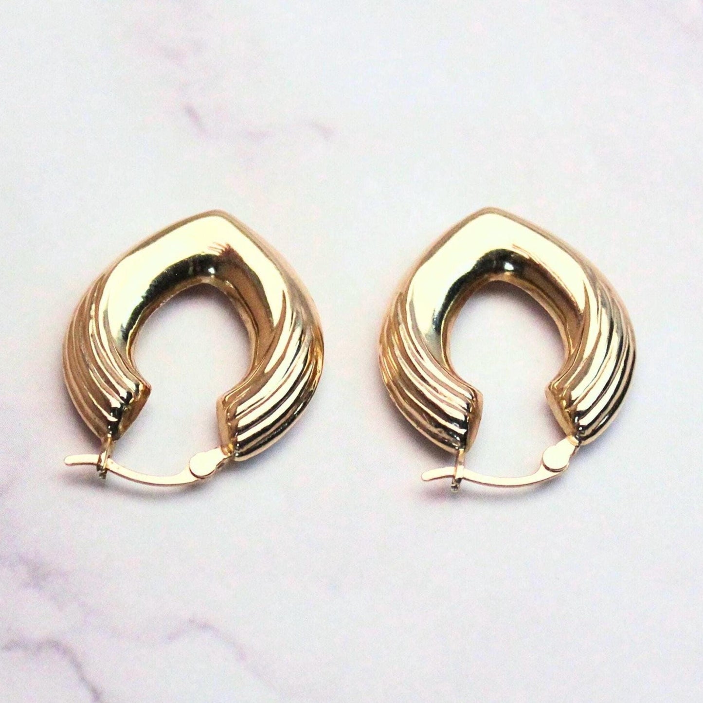 14k Solid Gold Chevron Hoop Earrings: Bold Vintage Jewelry
