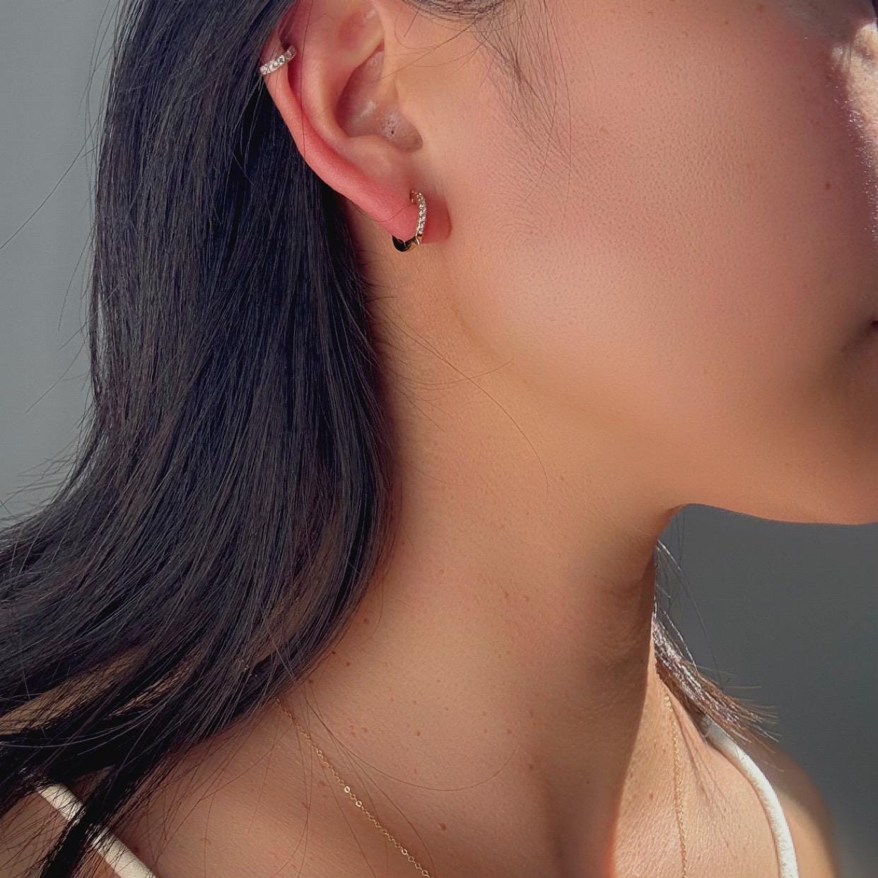 14k Gold Diamond Huggie Nova Hoop Earrings: Dainty Minimalist Jewelry