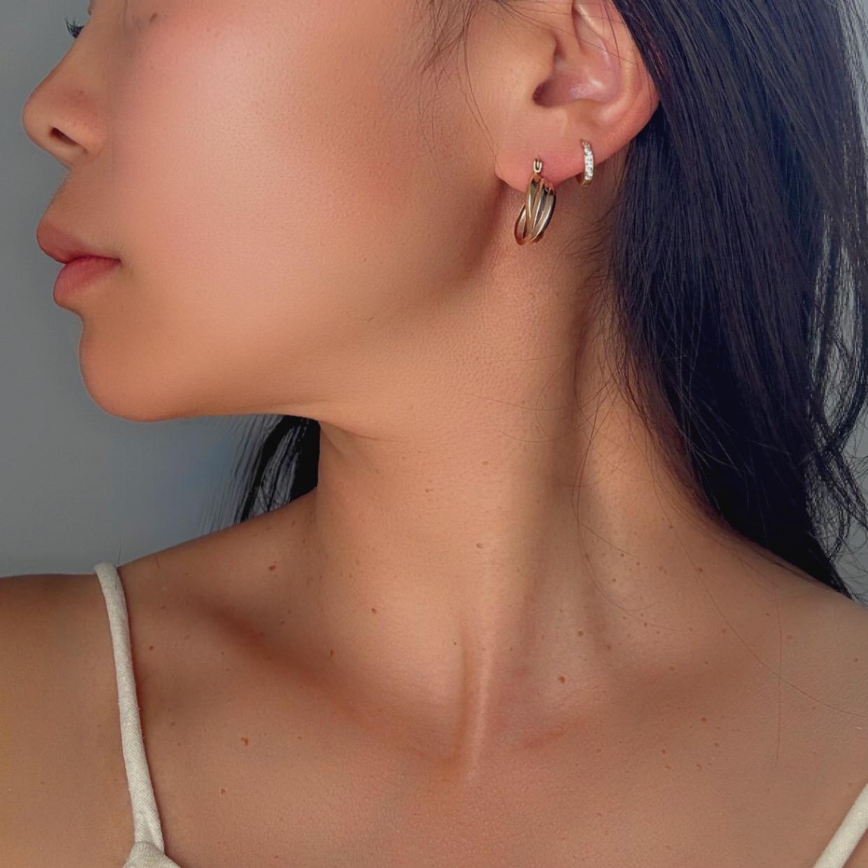 14k Solid Gold Tricolor Hoop Earrings: Twisted Huggie Style