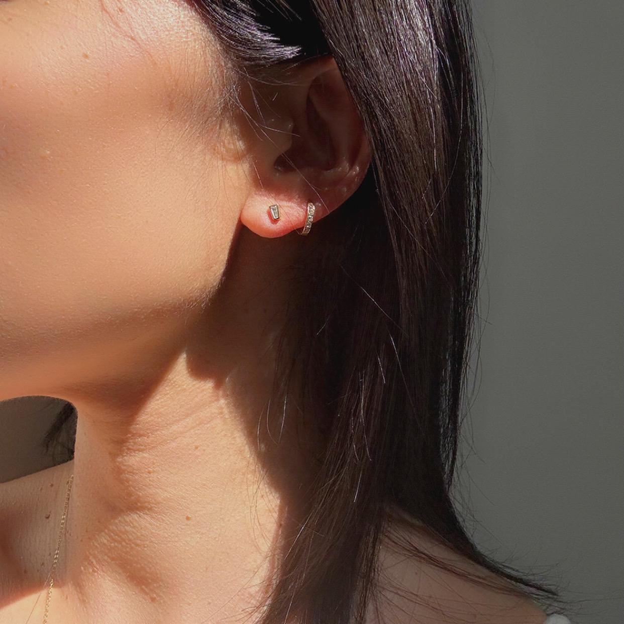 Minimalist 14k Gold Baguette Diamond Stud Luna Earrings