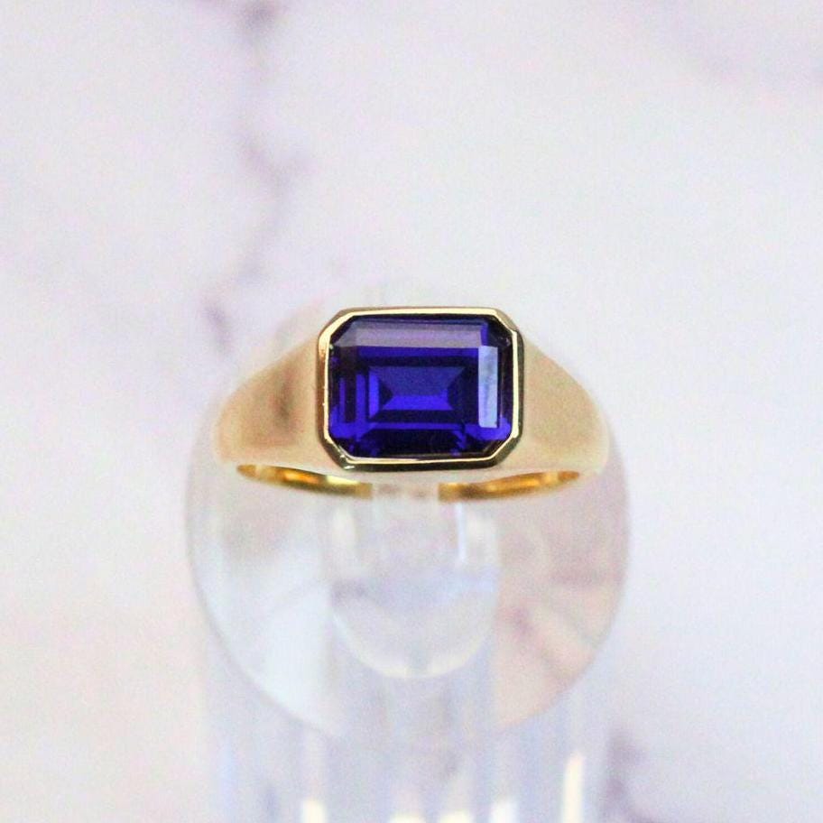 14k Gold Atlas Signet Ring: Lab Sapphire, Modern Statement Band