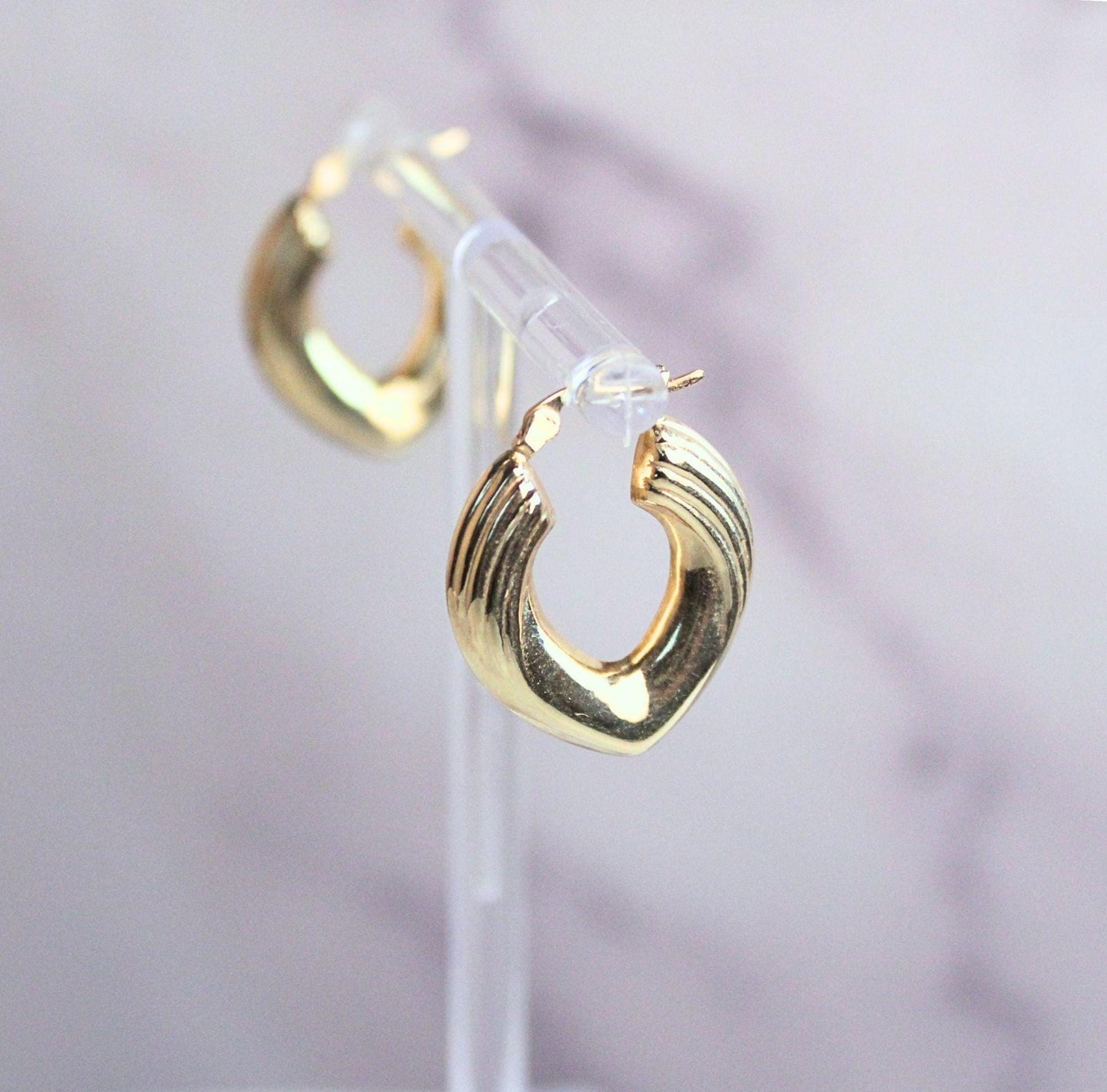 14k Solid Gold Chevron Hoop Earrings: Bold Vintage Jewelry