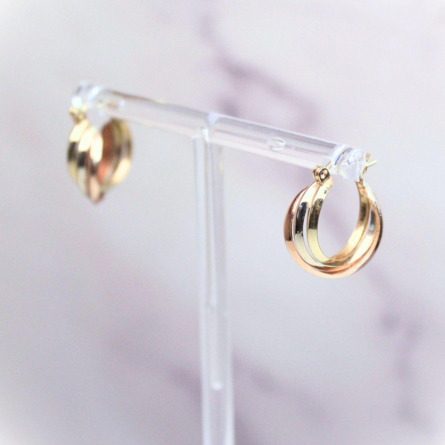 14k Solid Gold Tricolor Hoop Earrings: Twisted Huggie Style