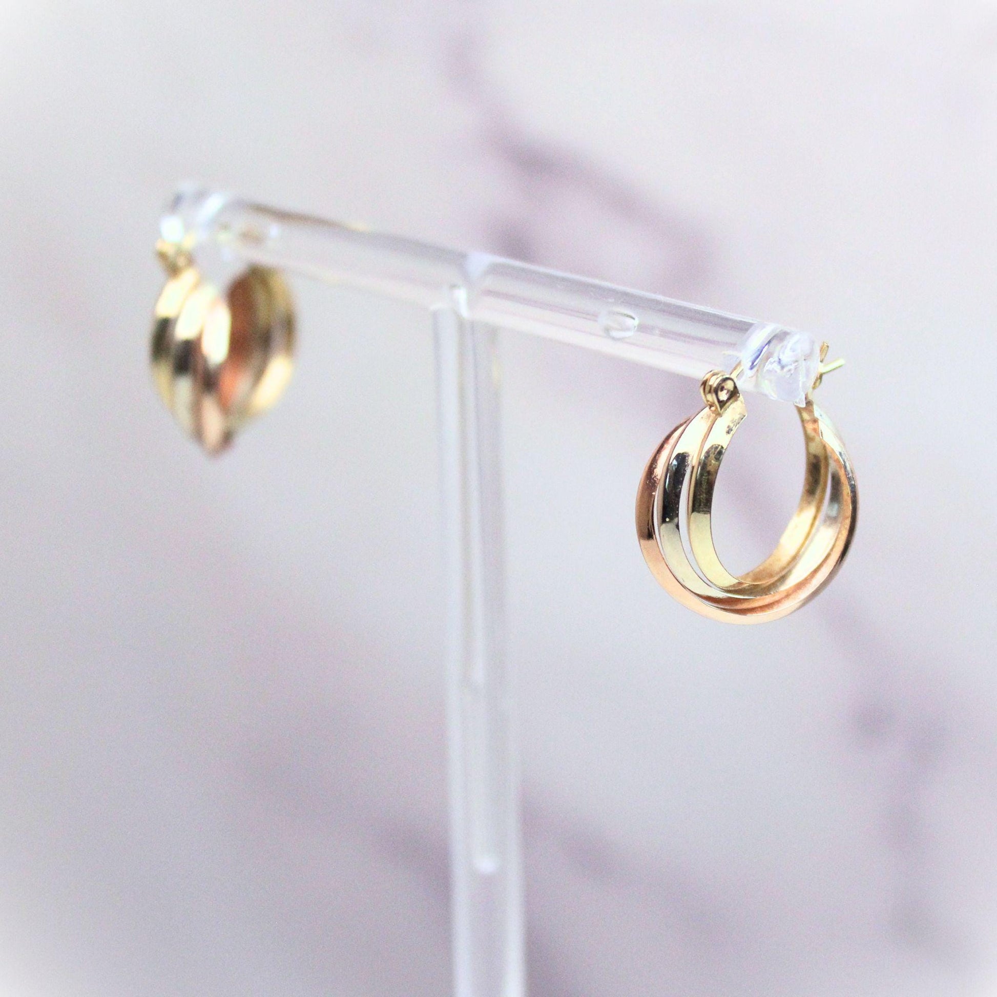 14k Solid Gold Tricolor Hoop Earrings: Twisted Huggie Style