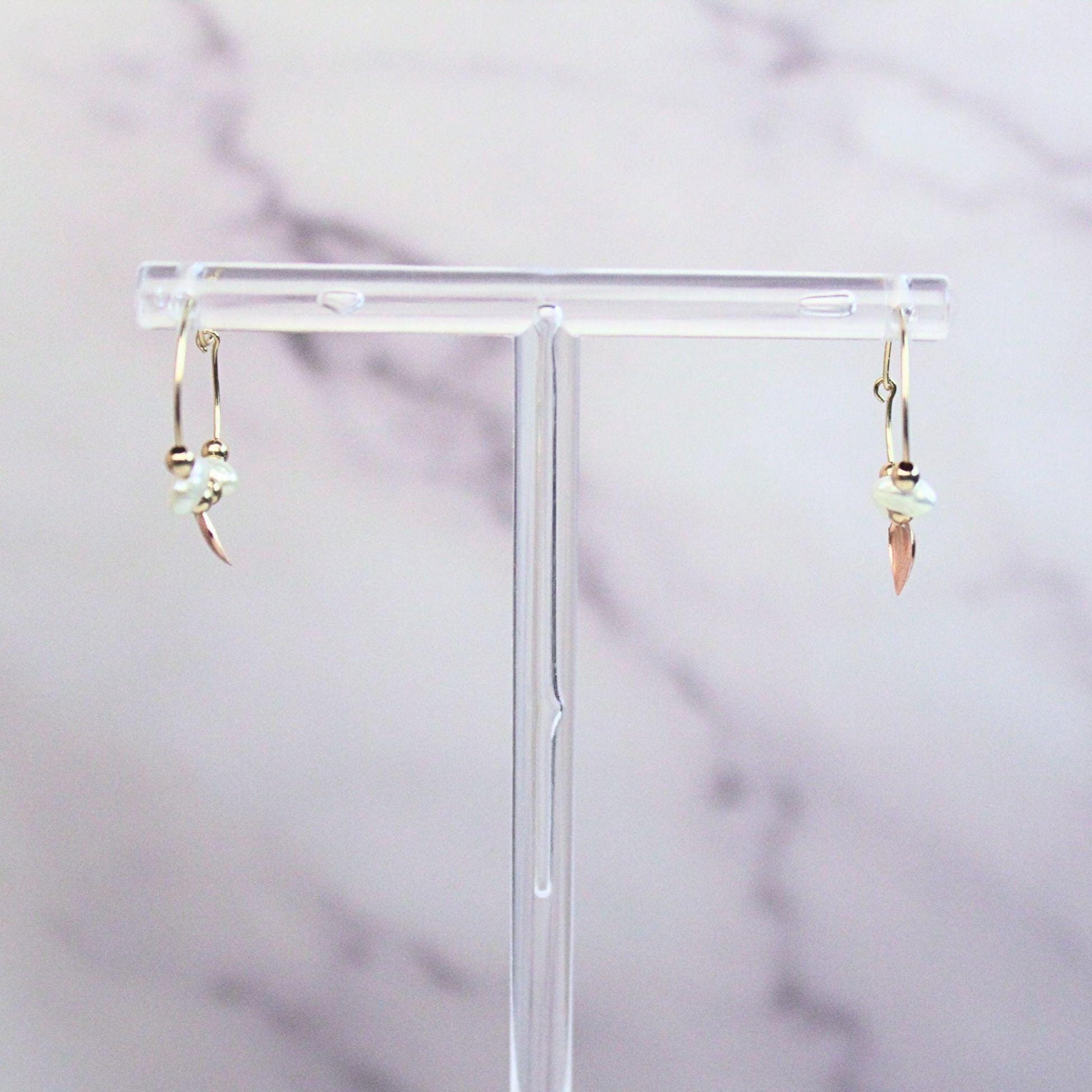 14k Gold Heart Hoop Earrings: Freshwater Pearl Charm Hoops