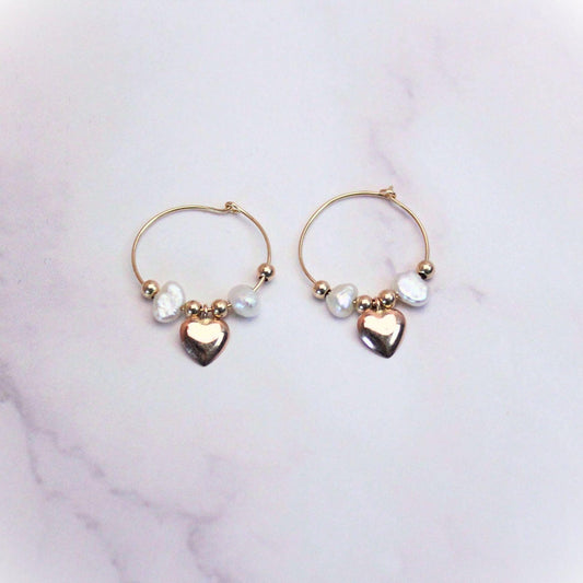 14k Gold Heart Hoop Earrings: Freshwater Pearl Charm Hoops