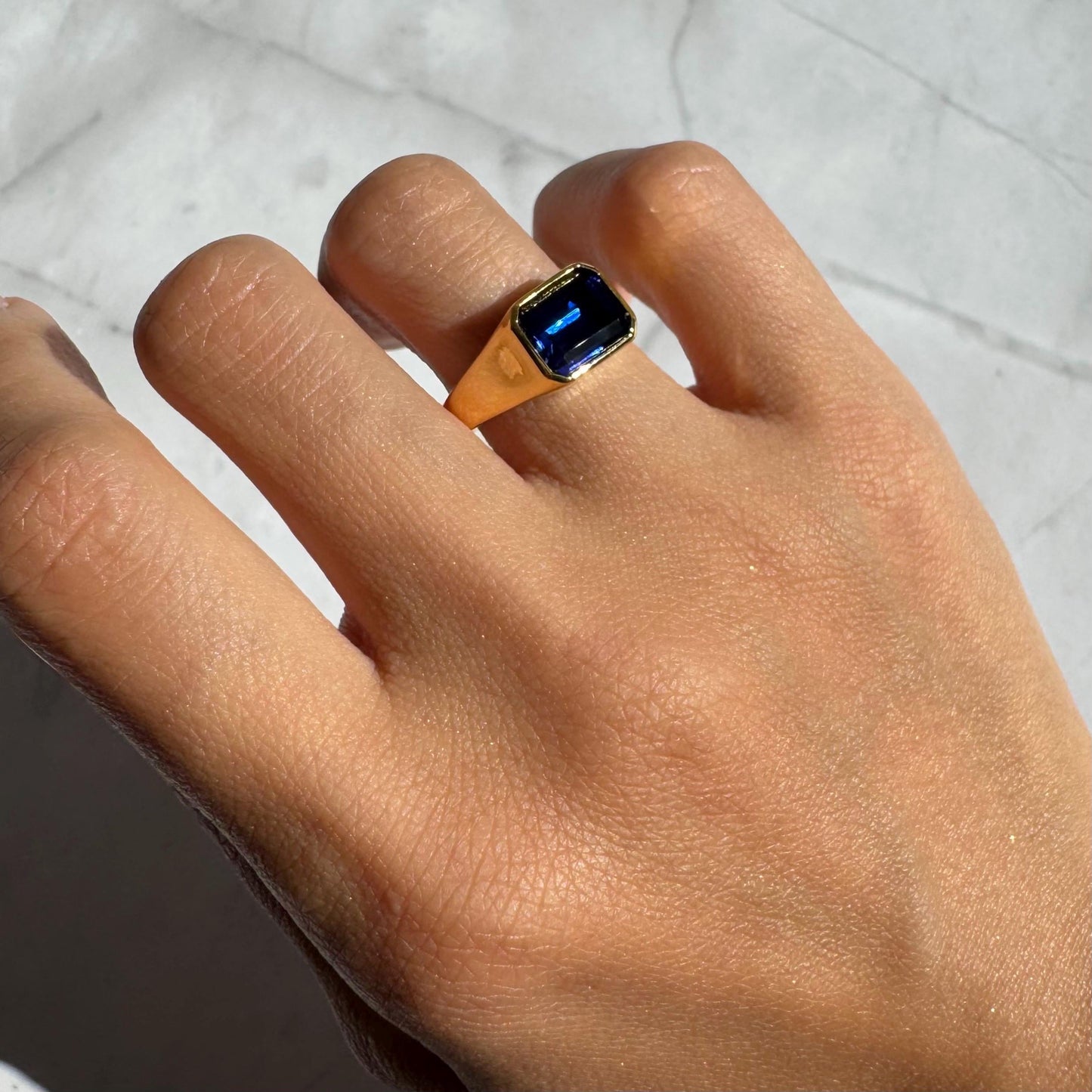 14k Gold Atlas Signet Ring: Lab Sapphire, Modern Statement Band