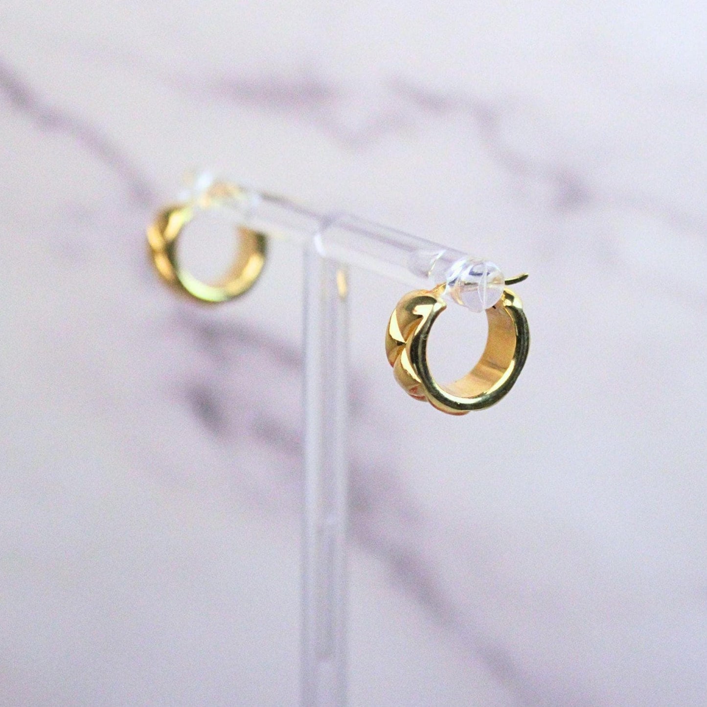 18K Solid Gold Geometric Huggie Eleanor Hoop Earrings: Chunky Textured Mini Hoops