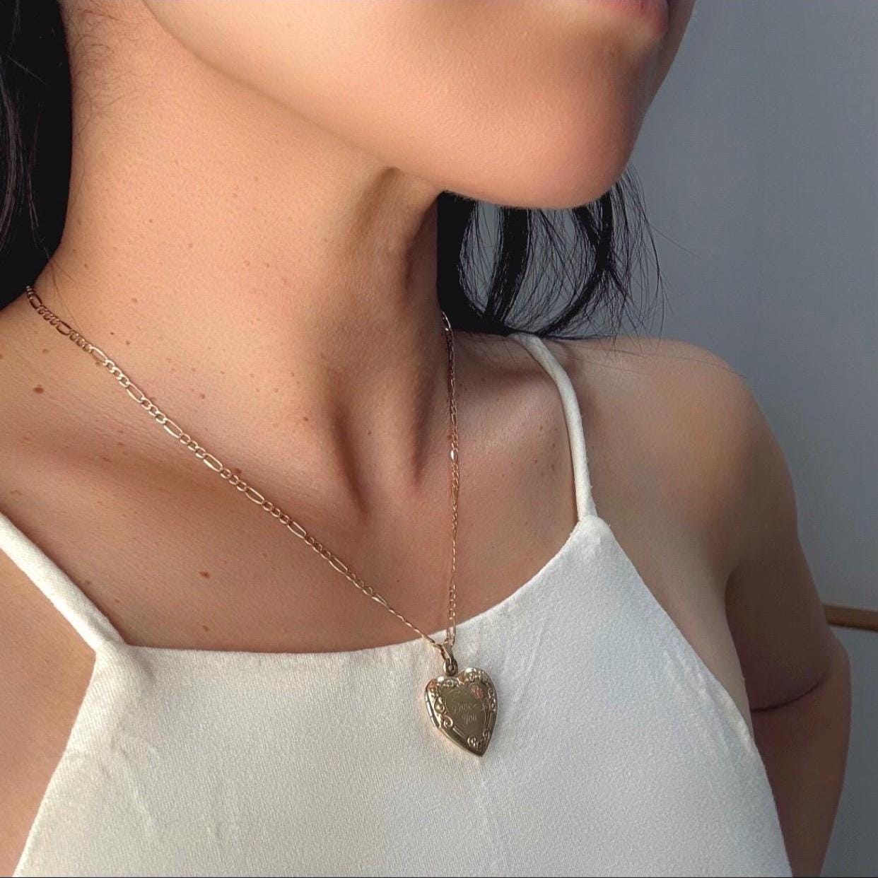 10k solid gold heart locket engraved with I Love You message paired with Figaro chain necklace precious real gold vintage jewelry