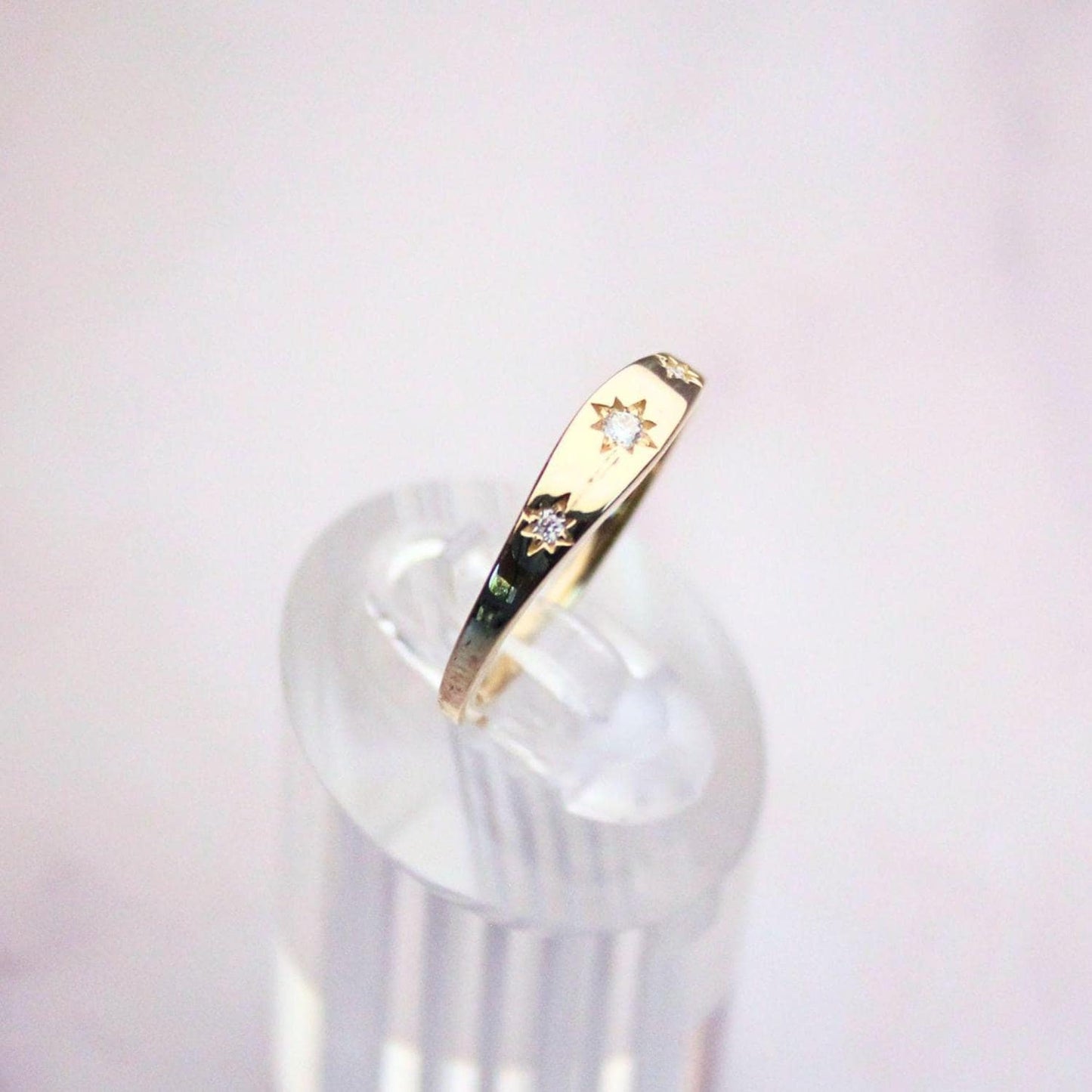 14k solid gold celestial ring with 3 natural diamonds gypsy signet ring inspired precious fine jewelry