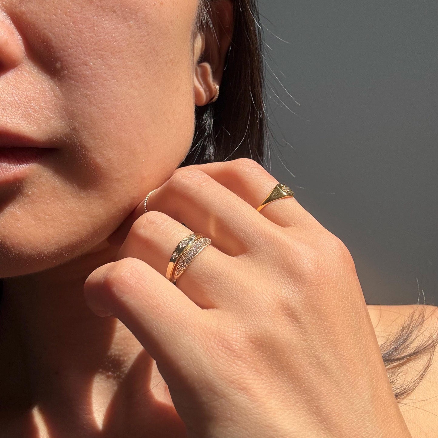 10k Solid Gold Basil Ring in CZ Pavé Design - Slim Signet Style