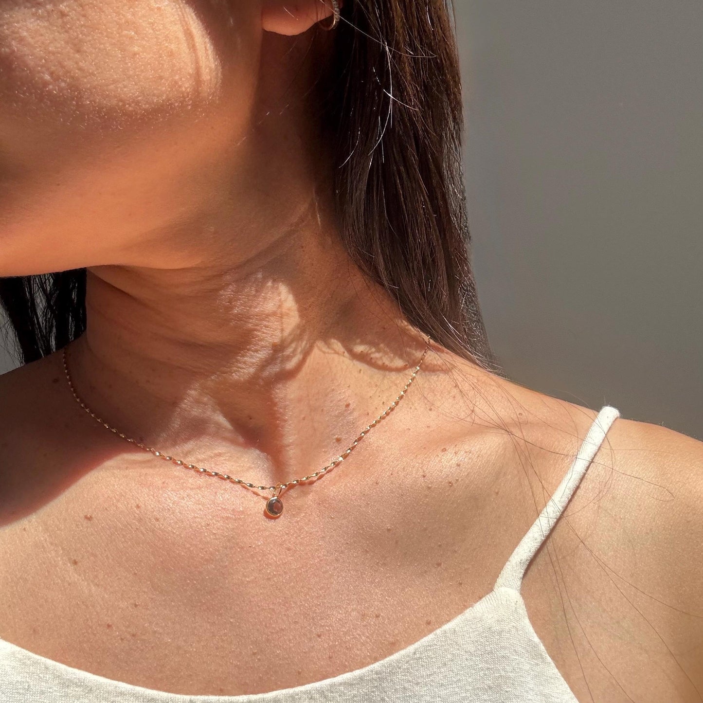 New 14K Solid Gold Lori Necklace with Smoky Quartz Necklace – Minimalist Round Gemstone Pendant - June Birthstone Jewelry