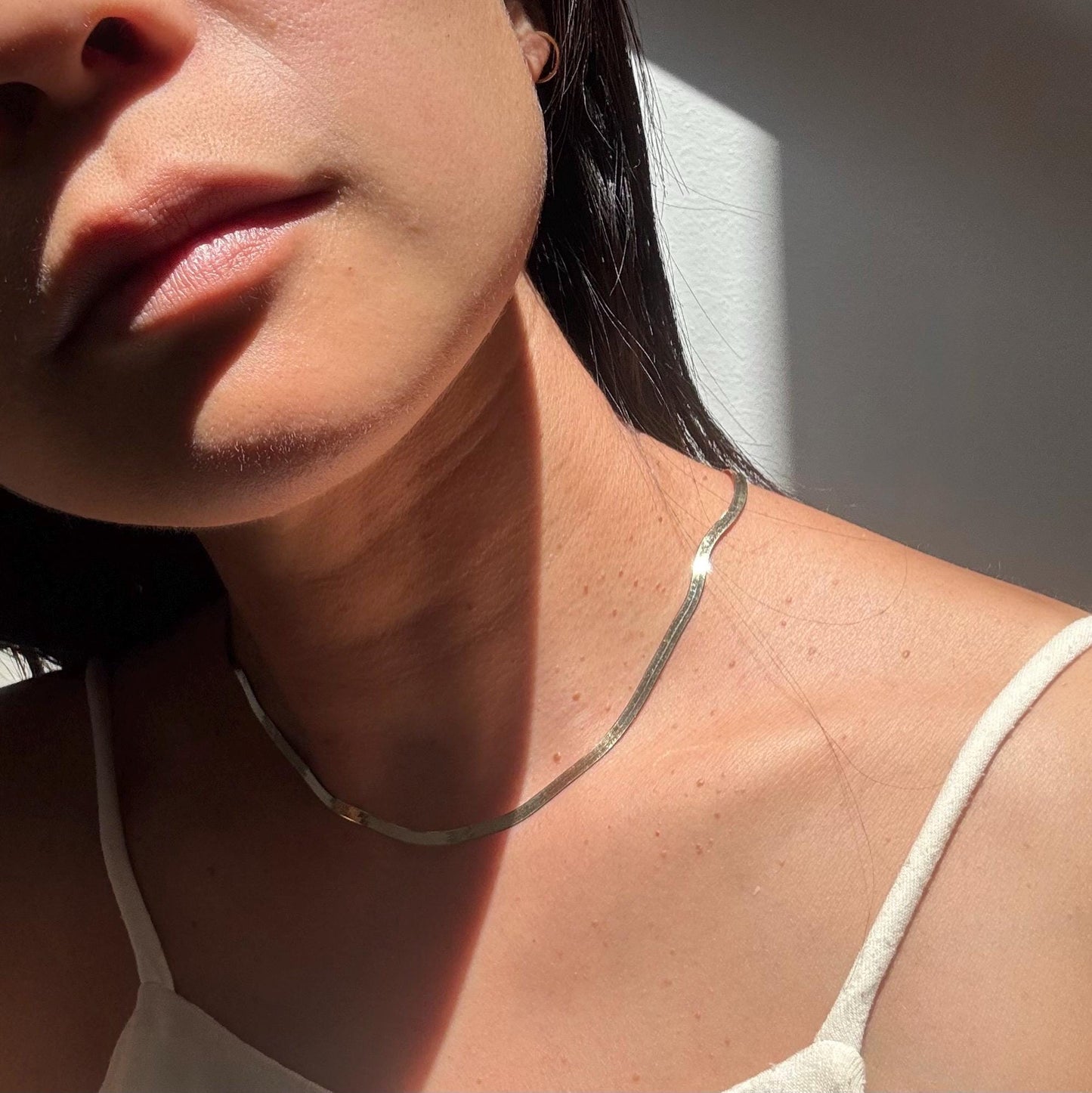 10K Gold Herringbone Chain Oliver Necklace: Shiny Minimalist Chain, 16 Inch