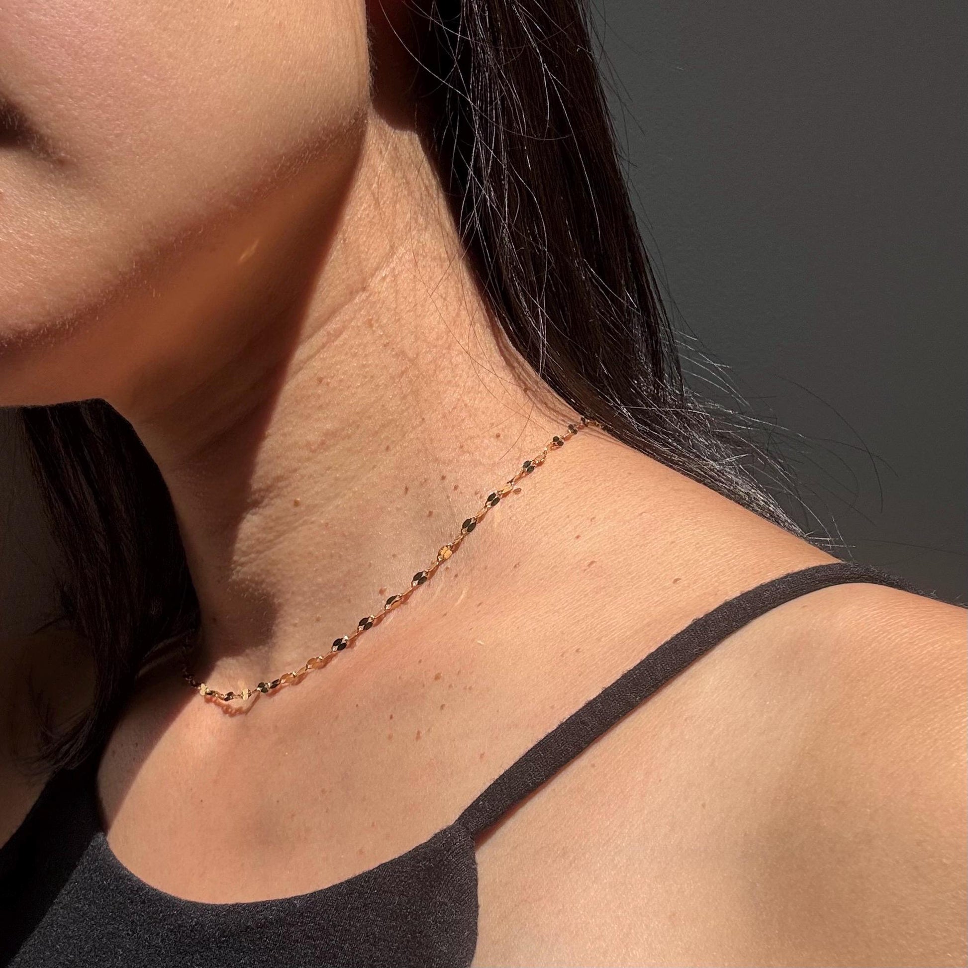 14K Solid Gold Disc Chain Sophie Necklace: Minimalist Sparkle Jewelry