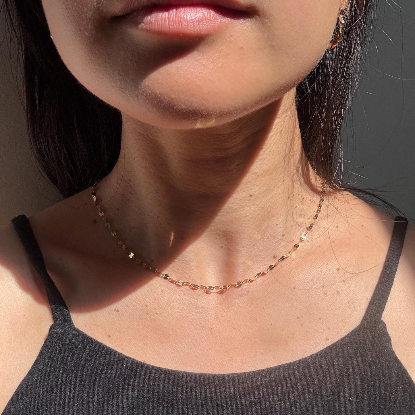 14K Solid Gold Disc Chain Sophie Necklace: Minimalist Sparkle Jewelry