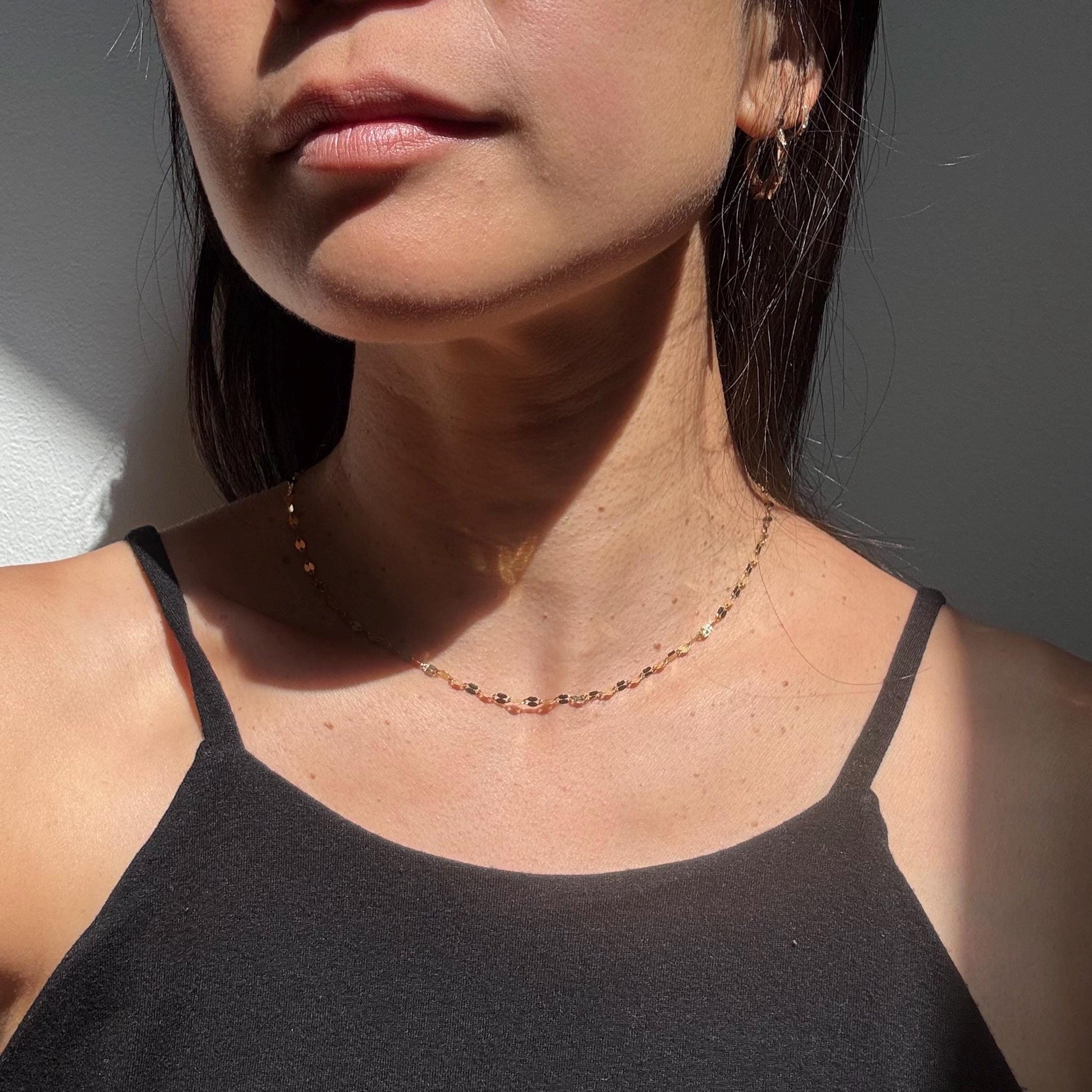 14K Solid Gold Disc Chain Sophie Necklace: Minimalist Sparkle Jewelry