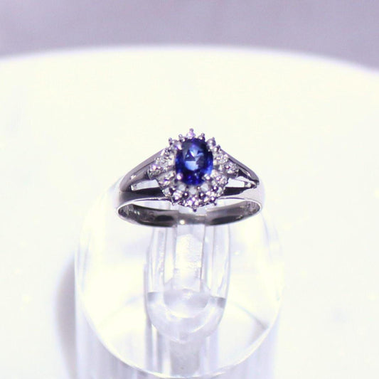 Petite authentic natural sapphire and natural diamond ring with platinum band precious vintage jewelry