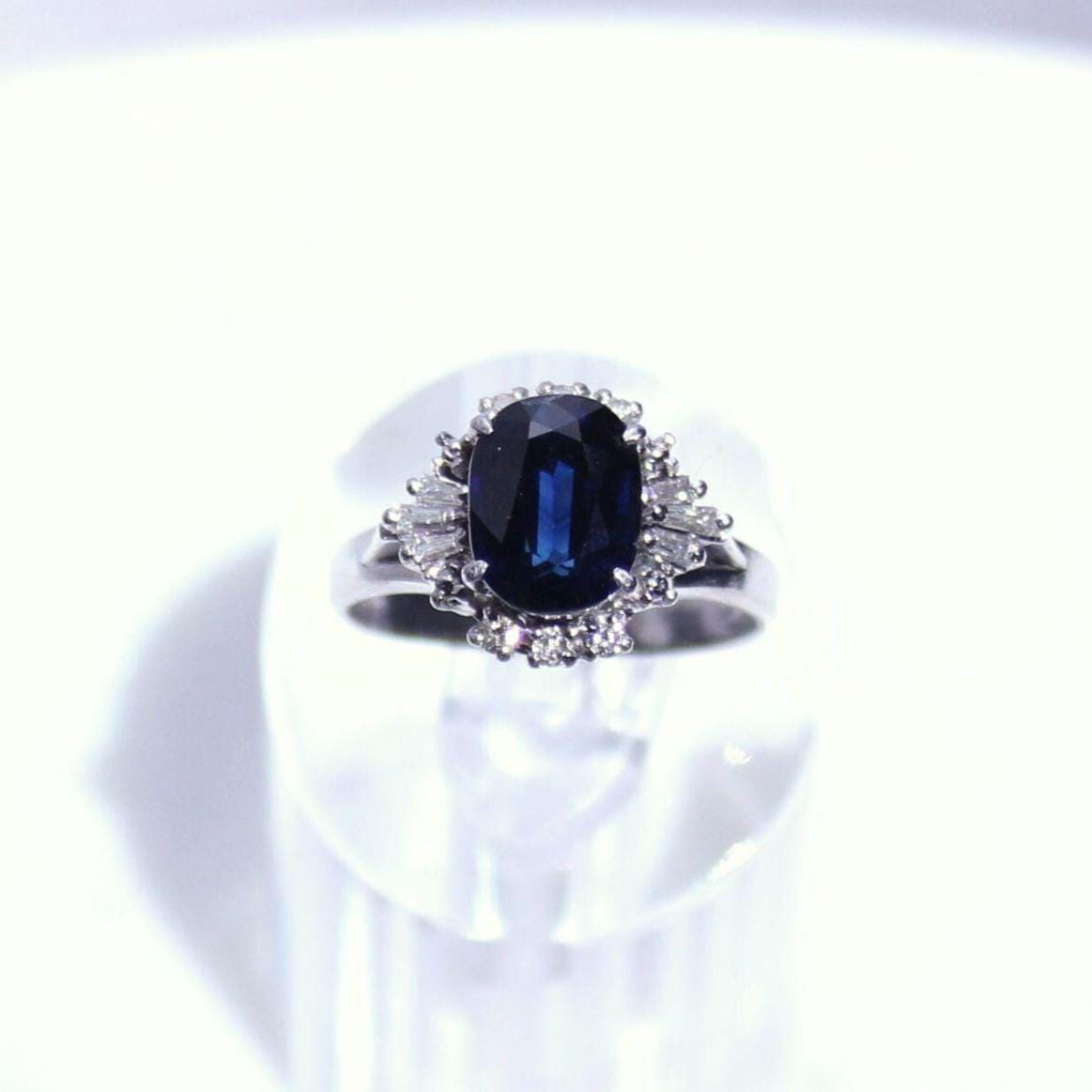 Authentic natural deep blue sapphire and natural diamond ring with platinum band - Midnight Sparkle Ring precious vintage jewelry