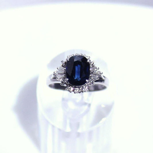 Authentic natural deep blue sapphire and natural diamond ring with platinum band - Midnight Sparkle Ring precious vintage jewelry