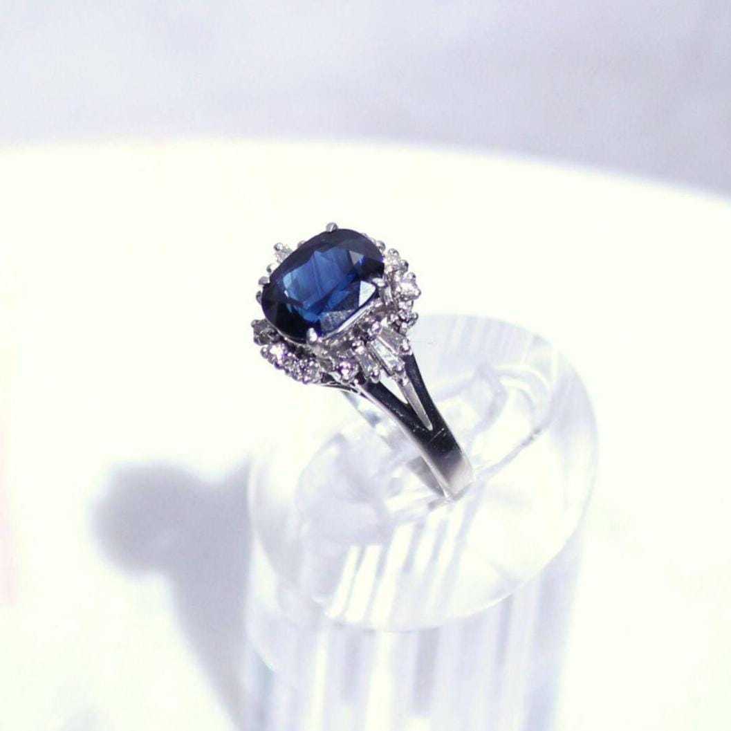 Authentic natural deep blue sapphire and natural diamond ring with platinum band - Midnight Sparkle Ring precious vintage jewelry