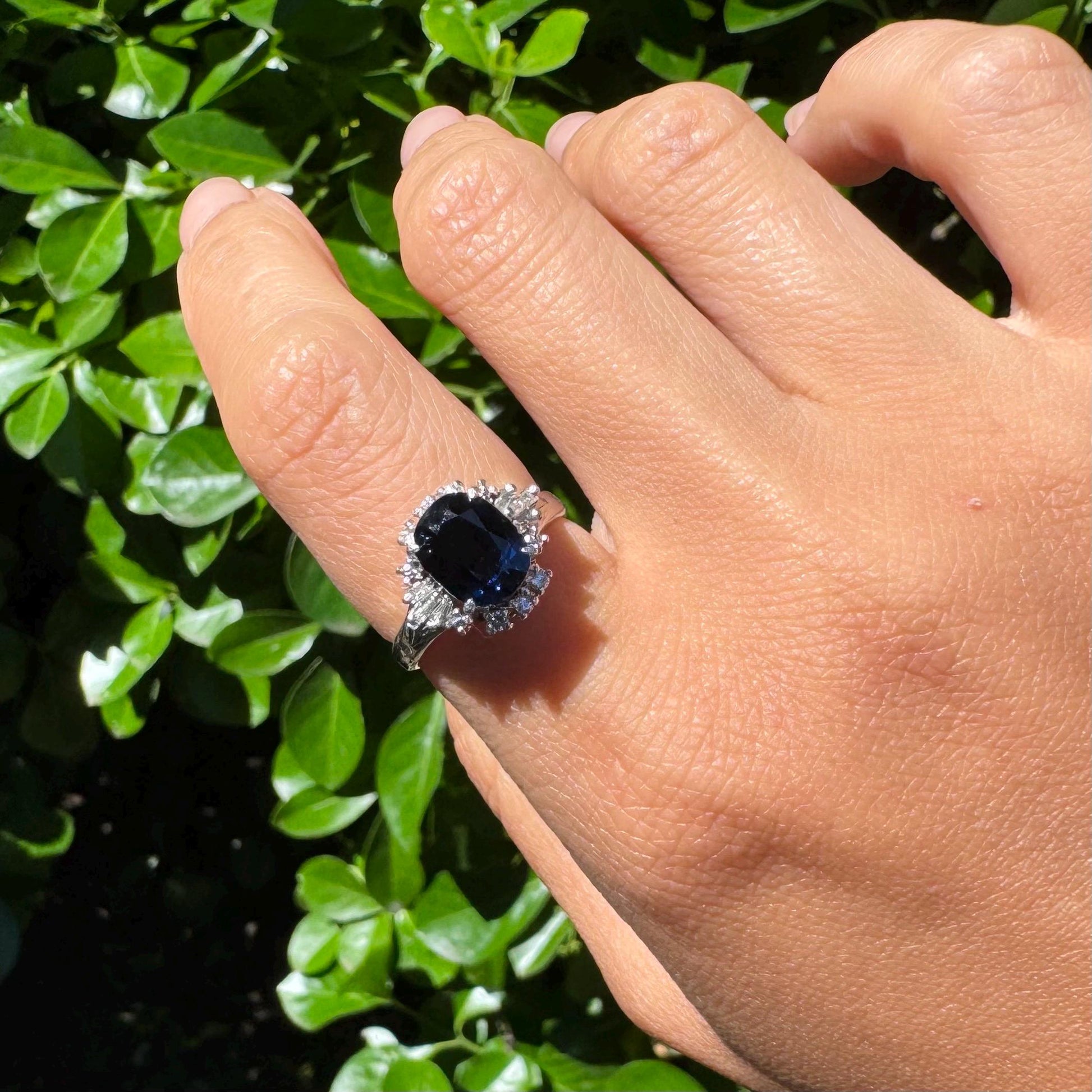 Authentic natural deep blue sapphire and natural diamond ring with platinum band - Midnight Sparkle Ring precious vintage jewelry