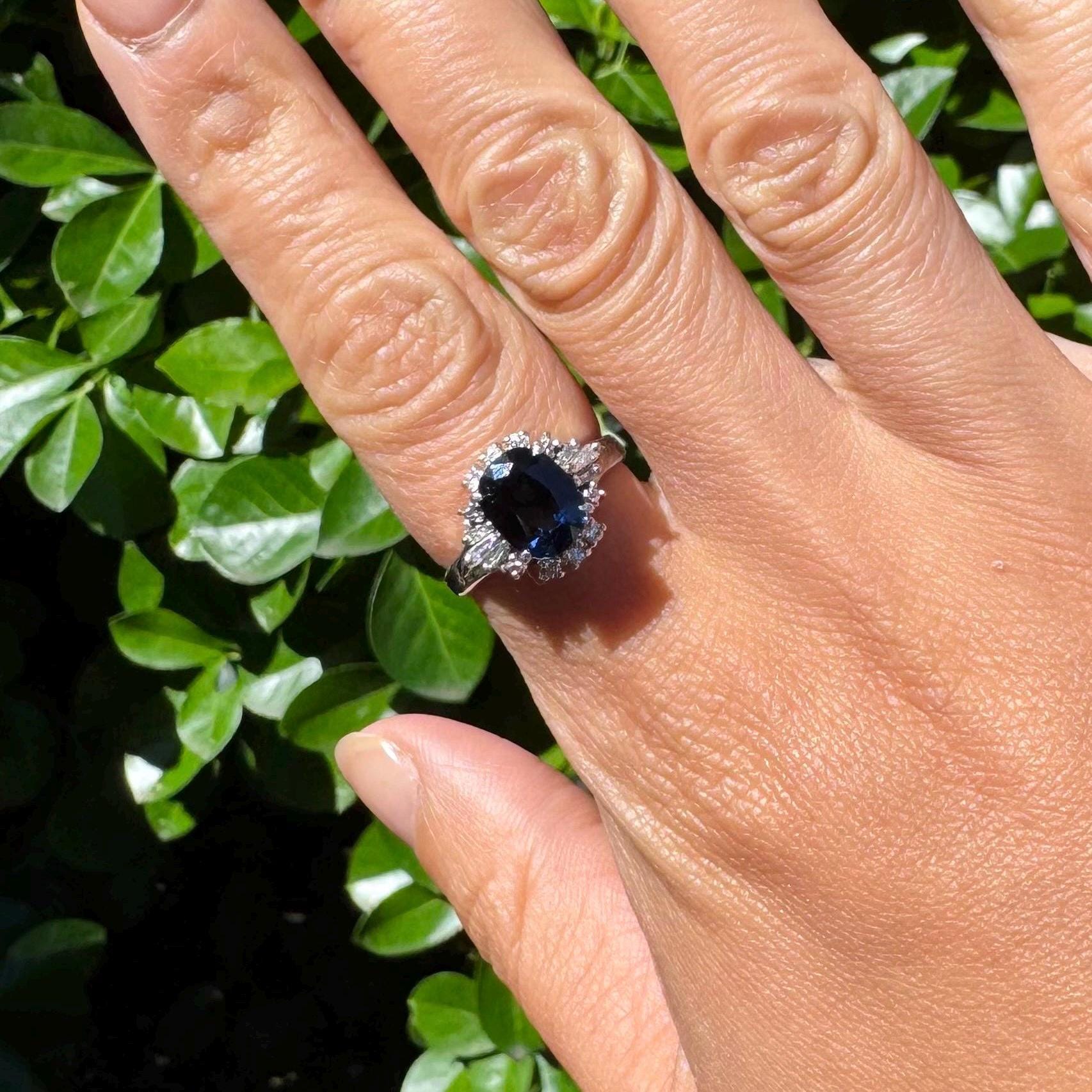 Authentic natural deep blue sapphire and natural diamond ring with platinum band - Midnight Sparkle Ring precious vintage jewelry