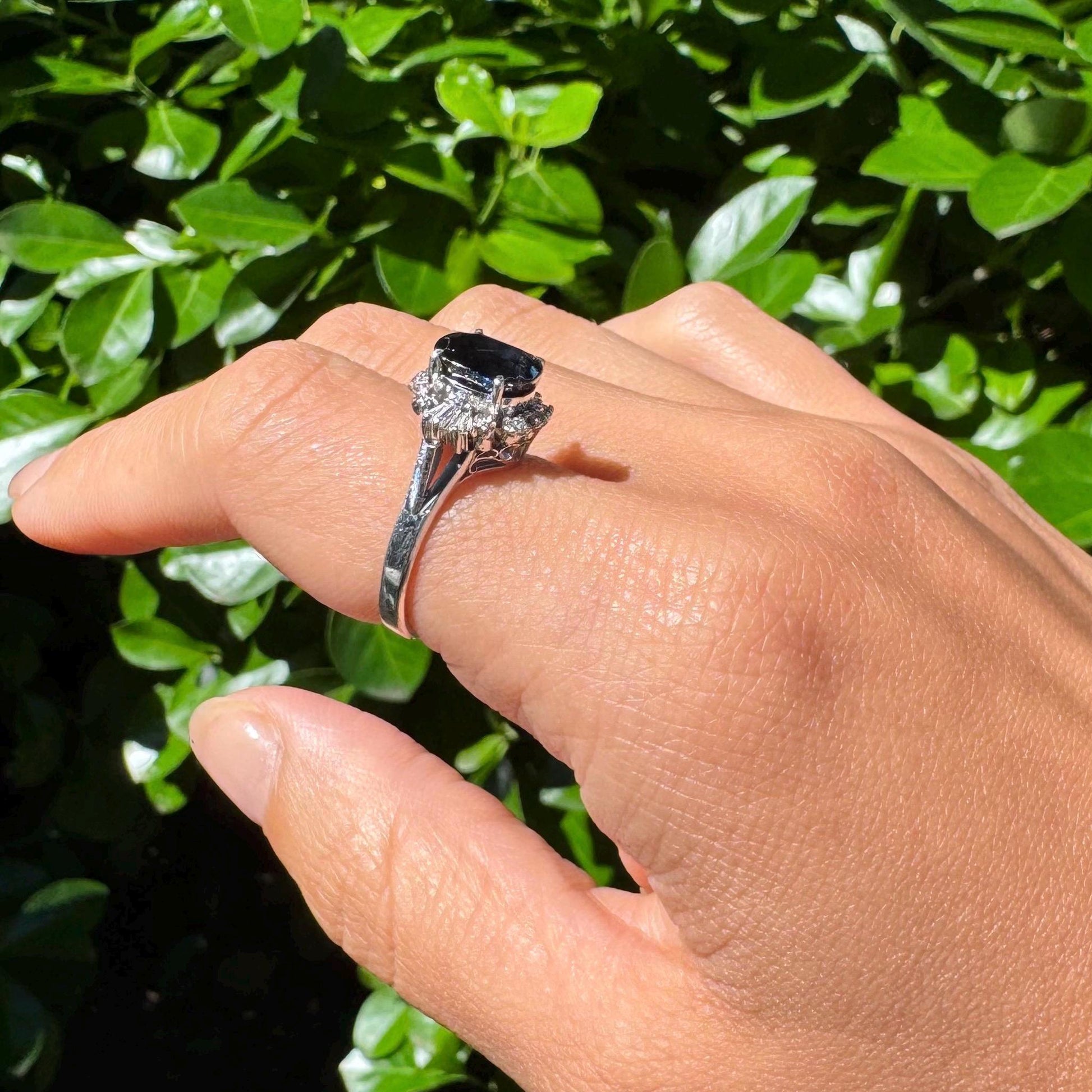 Authentic natural deep blue sapphire and natural diamond ring with platinum band - Midnight Sparkle Ring precious vintage jewelry