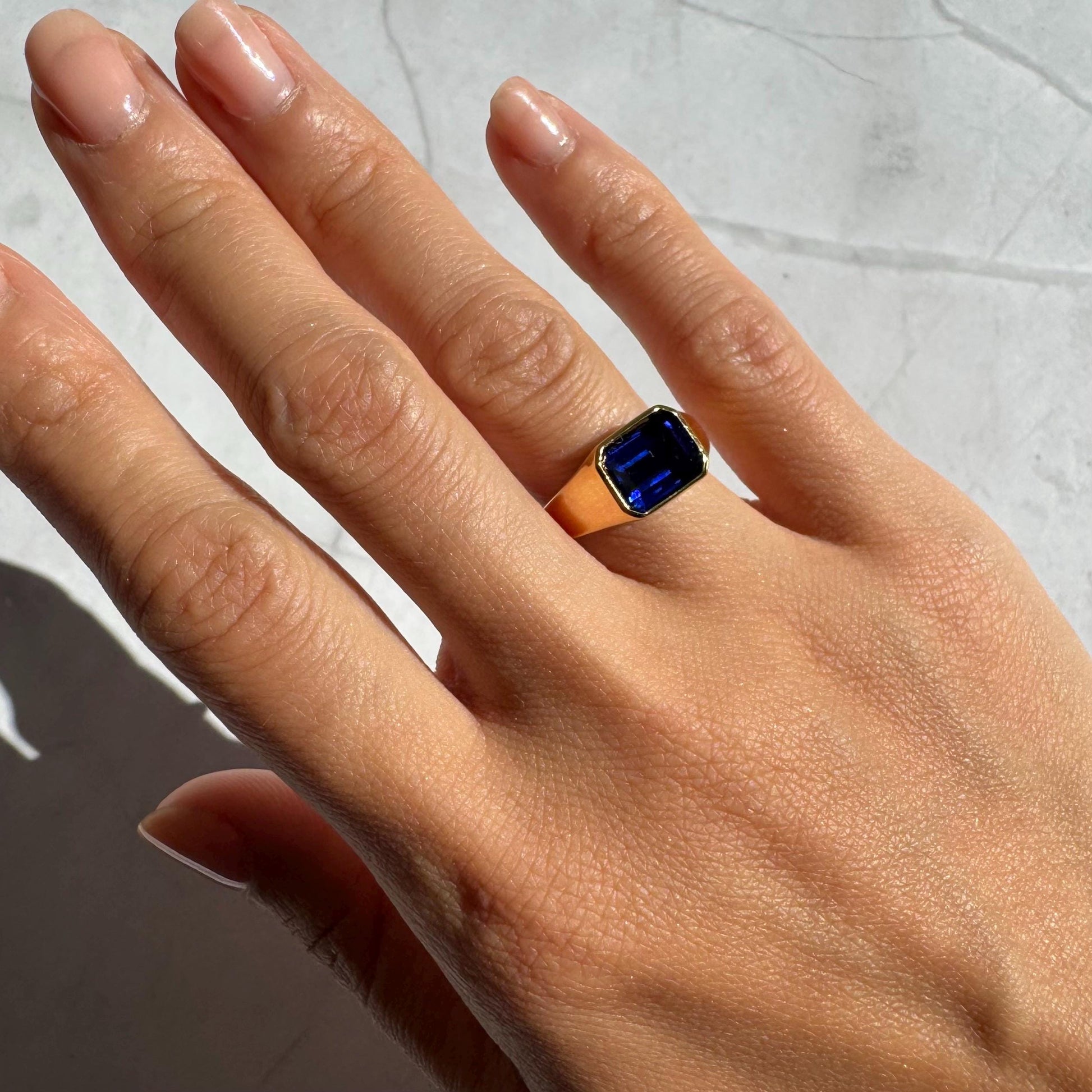 14k Gold Atlas Signet Ring: Lab Sapphire, Modern Statement Band