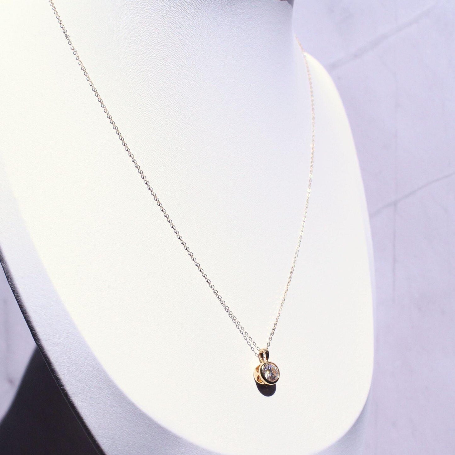 18k Solid Gold 1ct Moissanite Solitaire Cora Necklace: Minimalist Bezel Setting