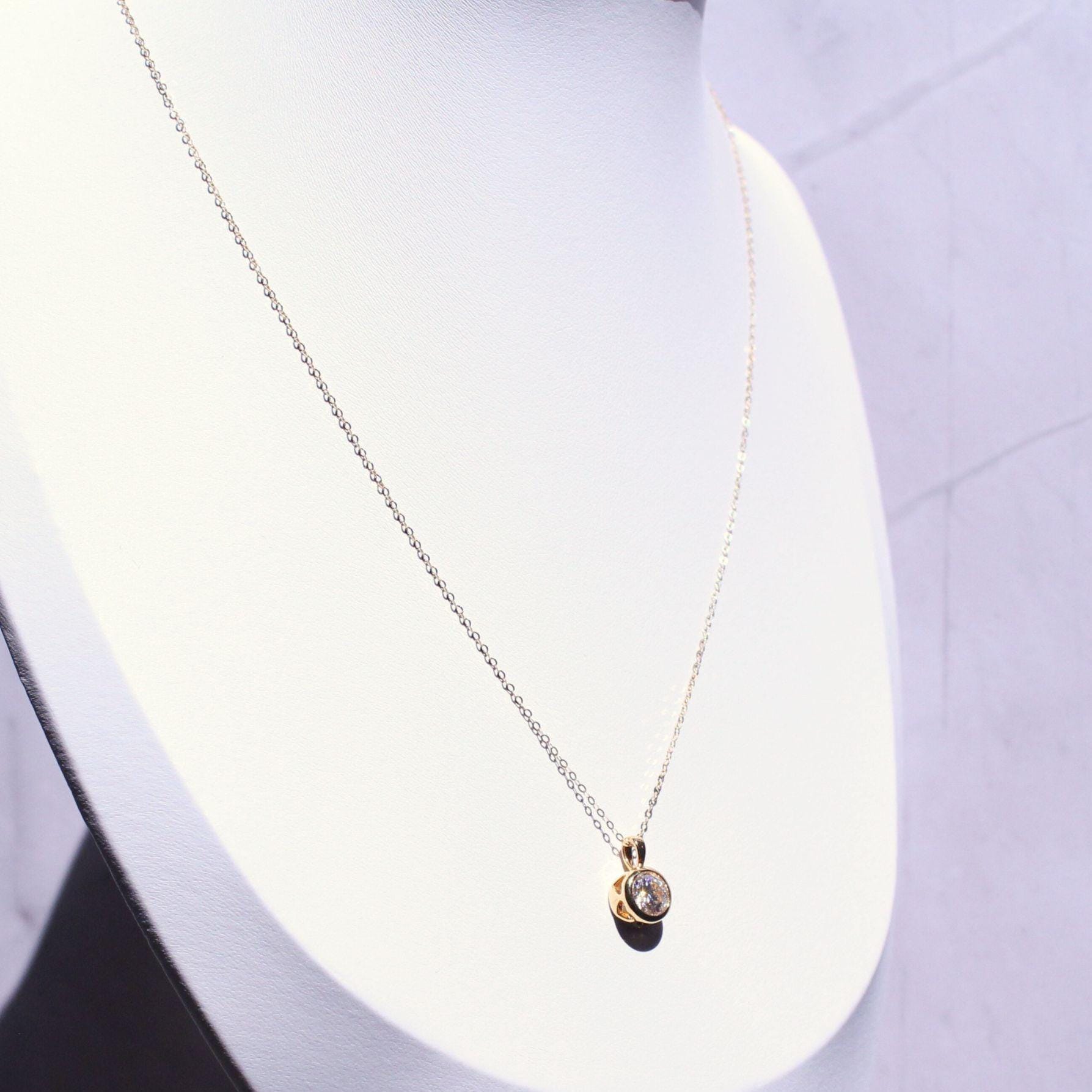 18k Solid Gold 1ct Moissanite Solitaire Cora Necklace: Minimalist Bezel Setting