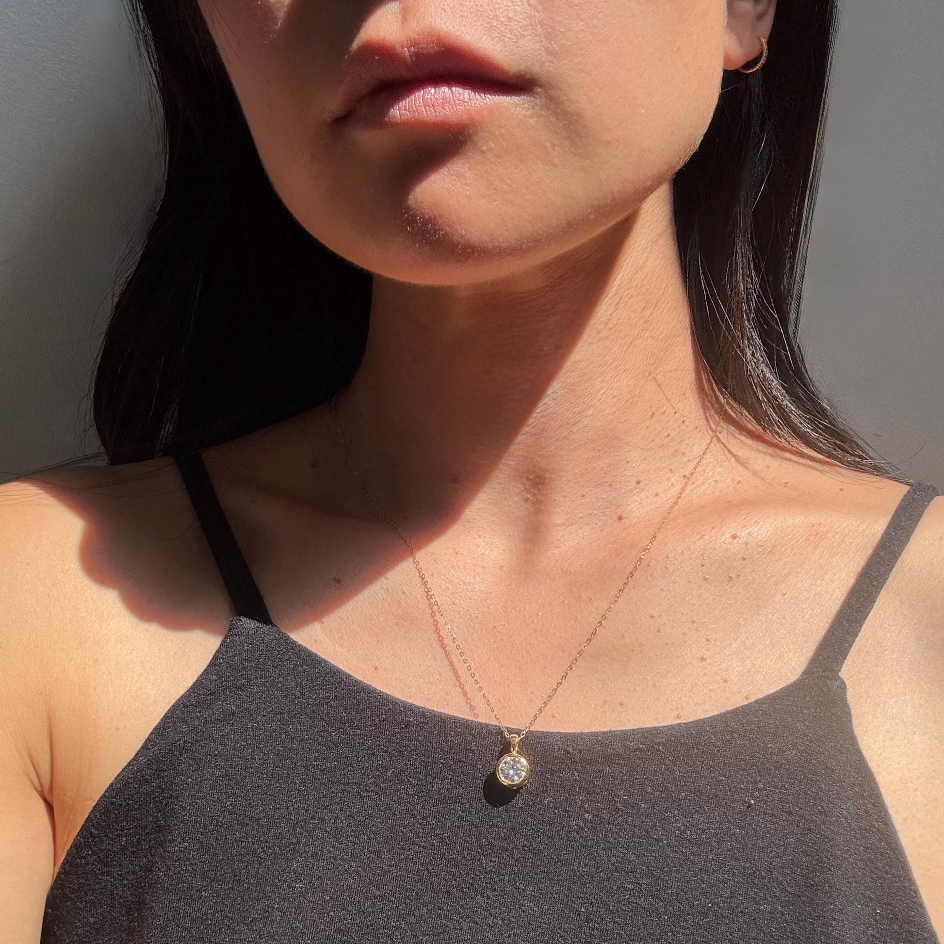18k Solid Gold 1ct Moissanite Solitaire Cora Necklace: Minimalist Bezel Setting