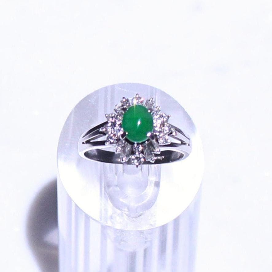 Petite Green Jade Ring: Diamond Halo, Solid Platinum Band, Vintage Style