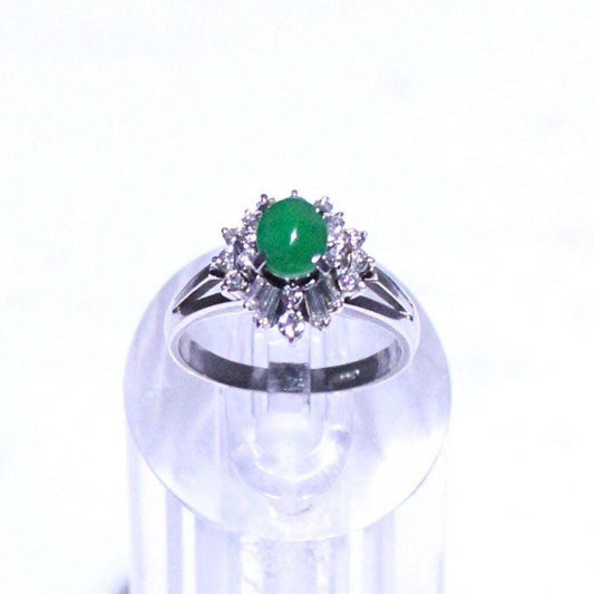 Petite Green Jade Ring: Diamond Halo, Solid Platinum Band, Vintage Style