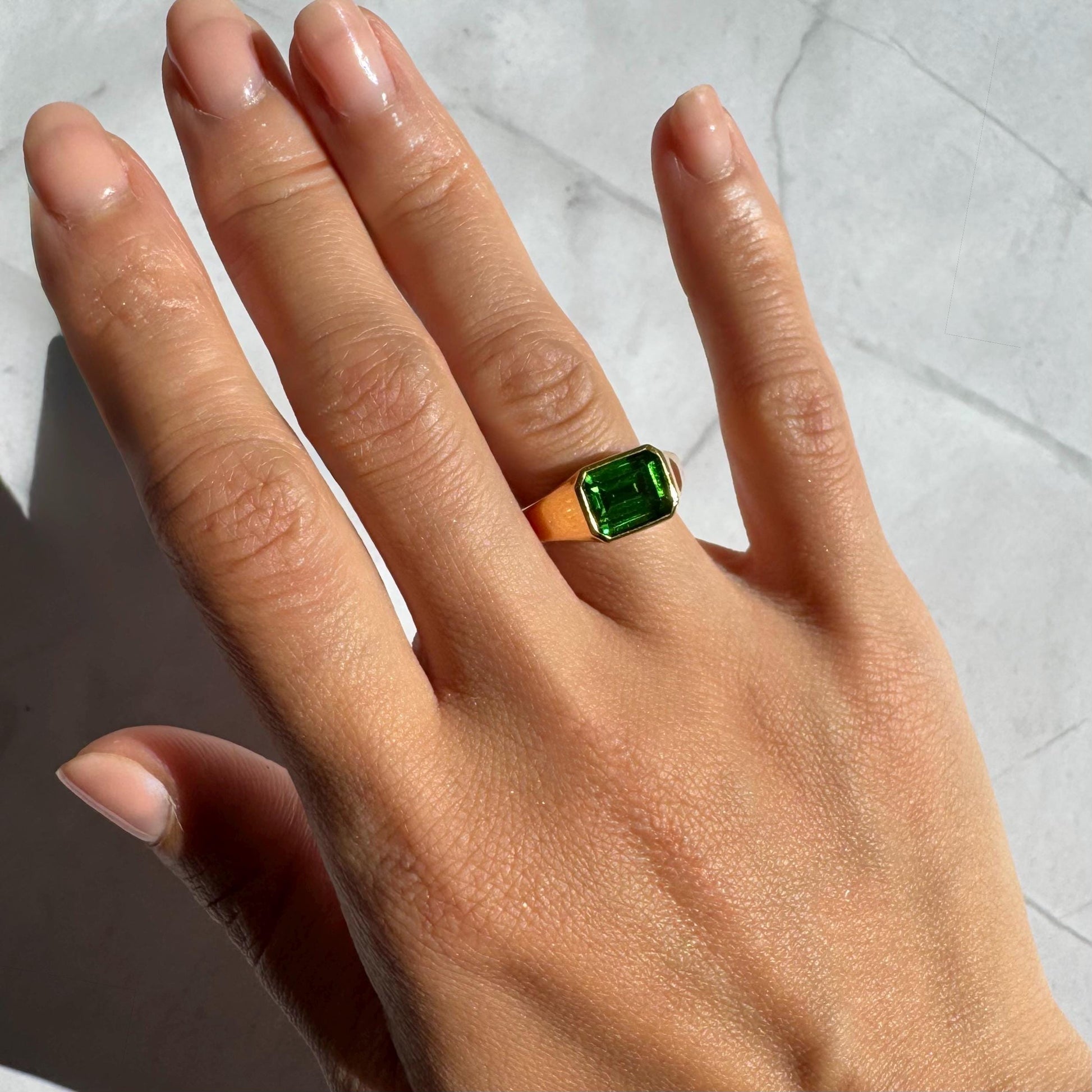 14K Gold Atlas Signet Ring: Emerald-Cut Synthetic Emerald Statement