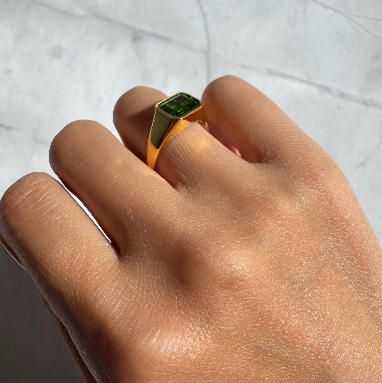 14K Gold Atlas Signet Ring: Emerald-Cut Synthetic Emerald Statement