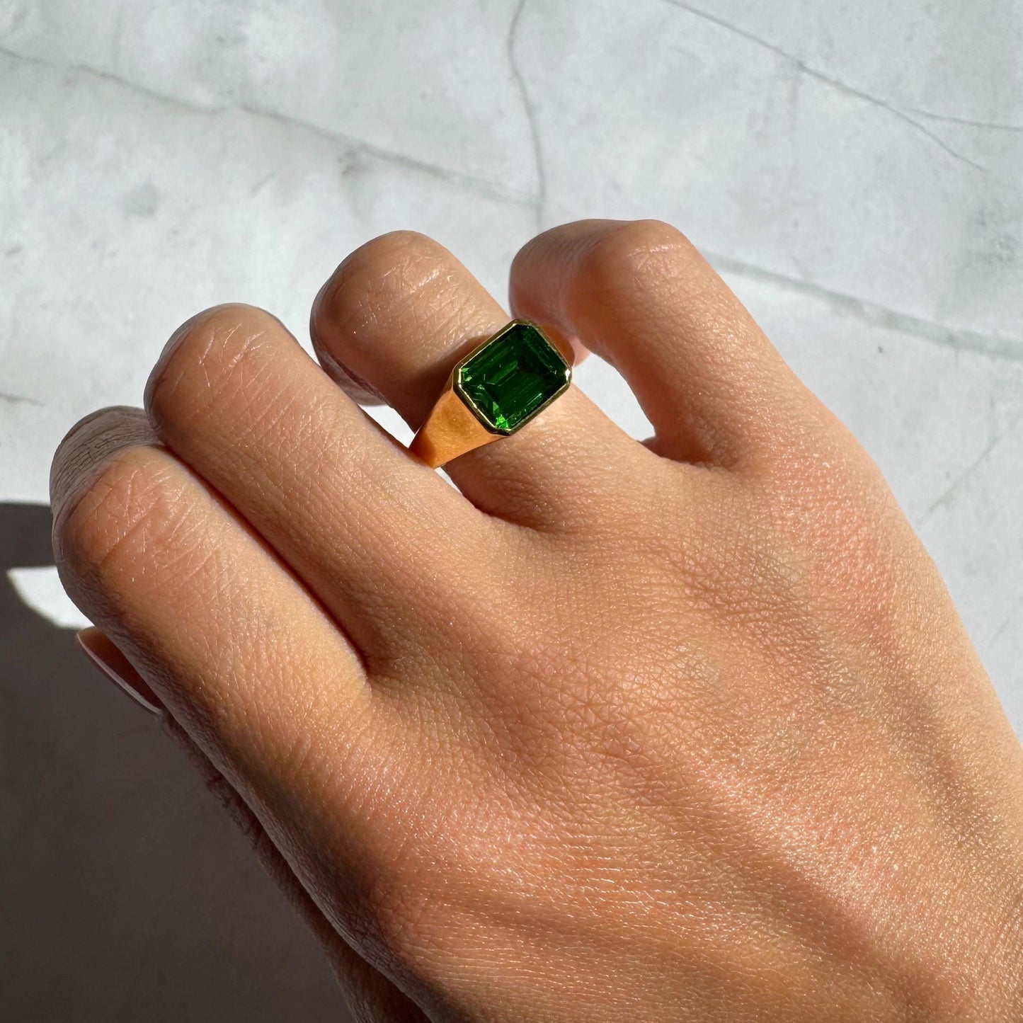 14K Gold Atlas Signet Ring: Emerald-Cut Synthetic Emerald Statement
