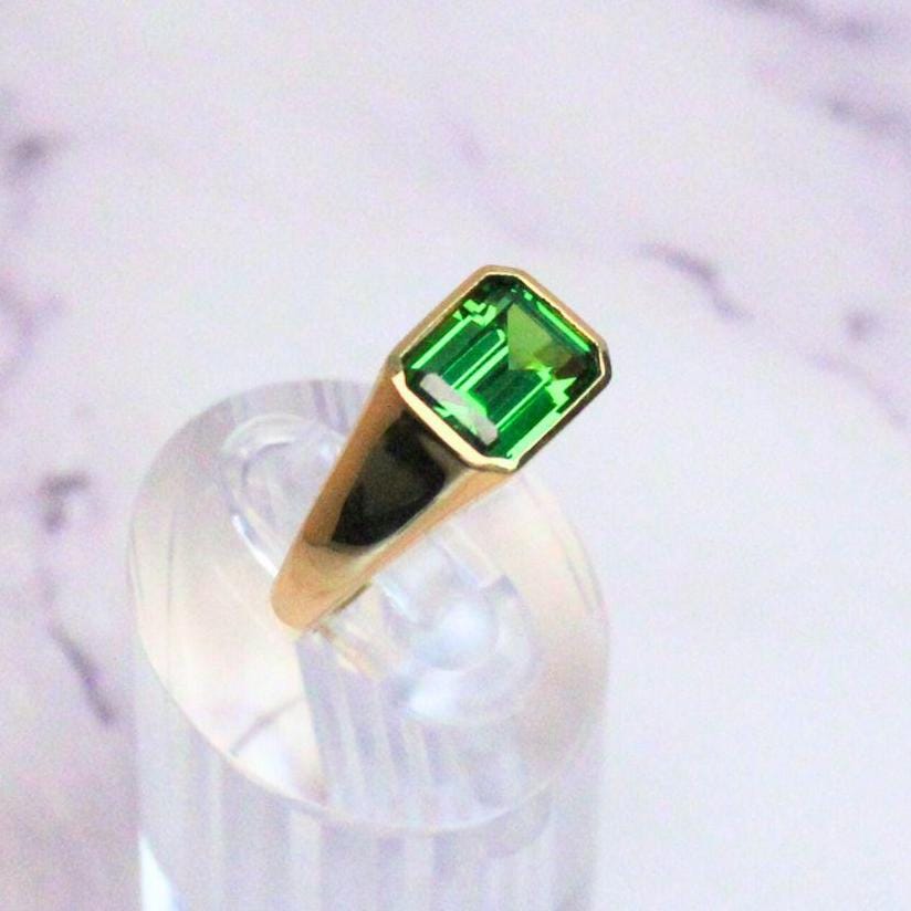 14K Gold Atlas Signet Ring: Emerald-Cut Synthetic Emerald Statement
