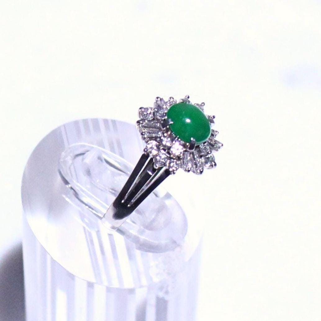 Petite Green Jade Ring: Diamond Halo, Solid Platinum Band, Vintage Style