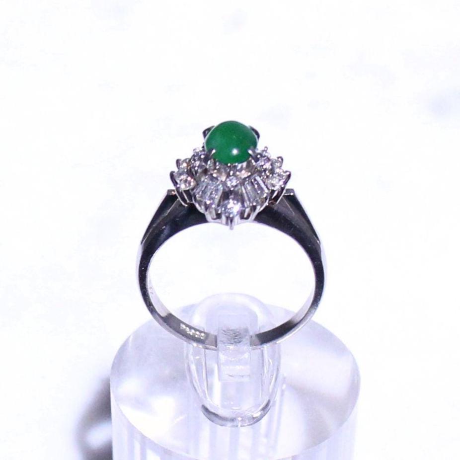 Petite Green Jade Ring: Diamond Halo, Solid Platinum Band, Vintage Style