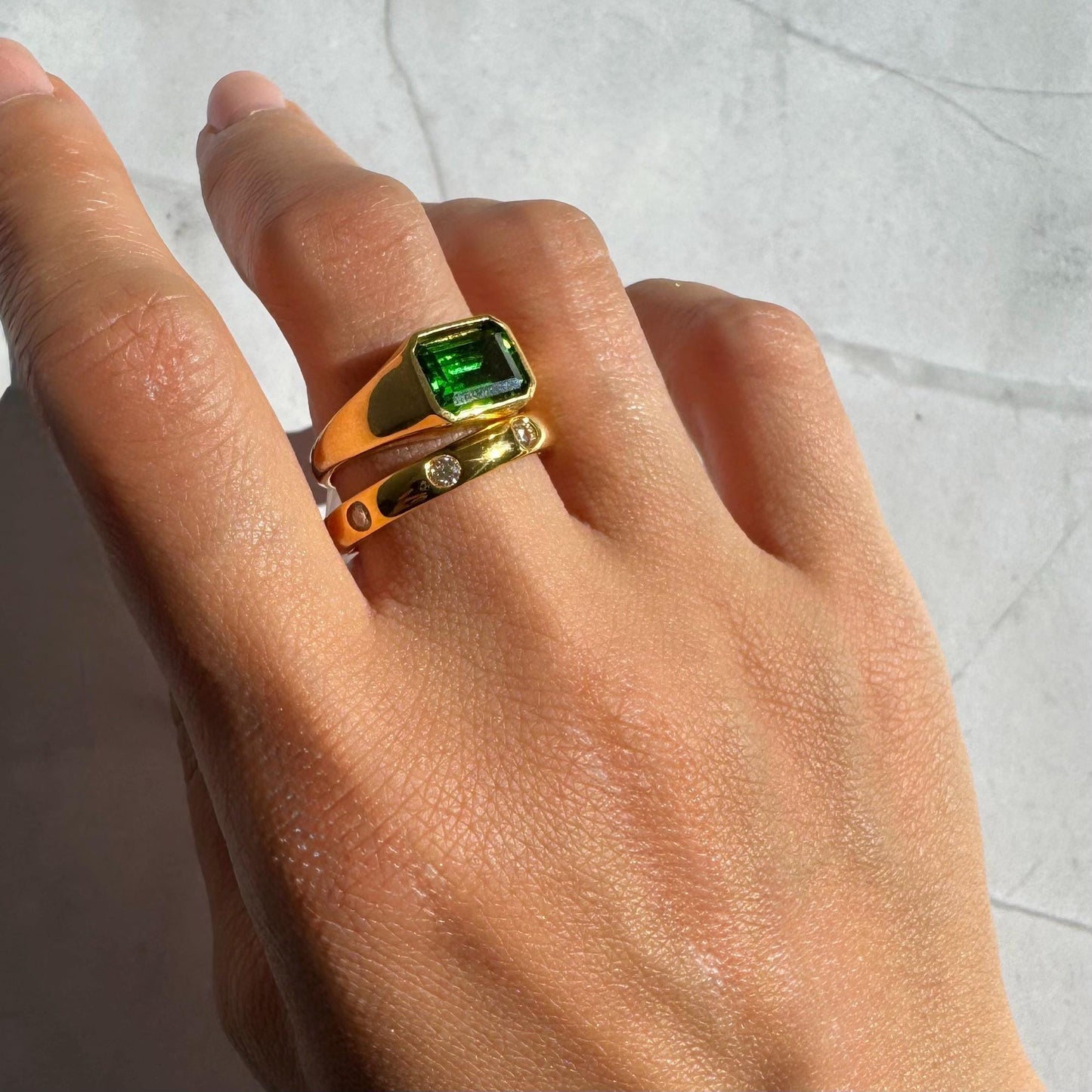 14K Gold Atlas Signet Ring: Emerald-Cut Synthetic Emerald Statement