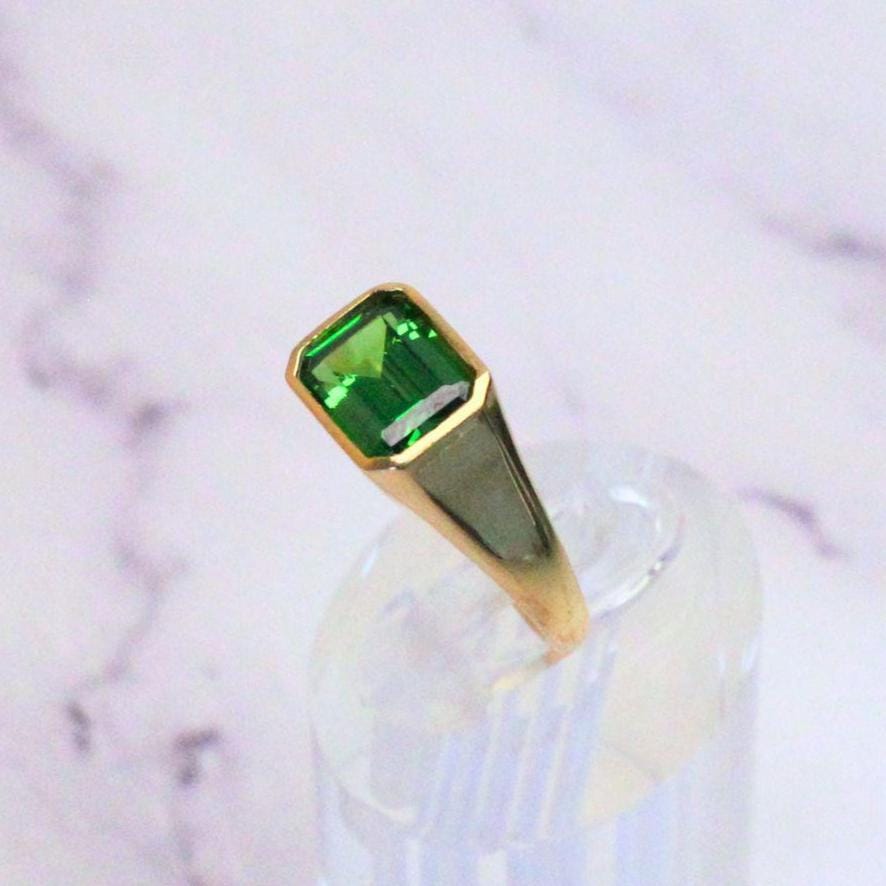 14K Gold Atlas Signet Ring: Emerald-Cut Synthetic Emerald Statement