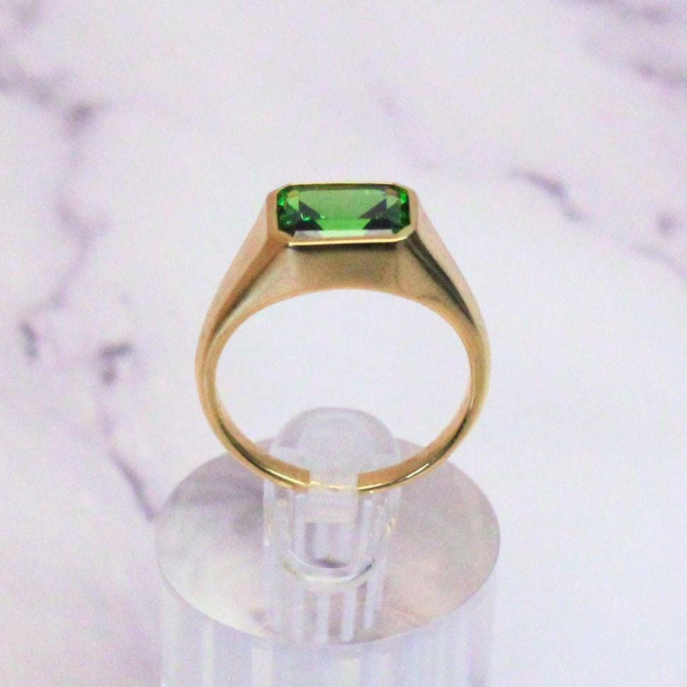 14K Gold Atlas Signet Ring: Emerald-Cut Synthetic Emerald Statement